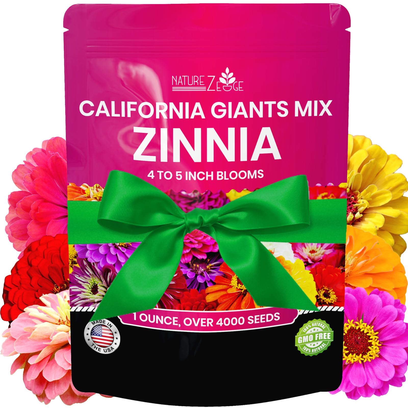 NatureZ Edge Zinnia Seeds for 2025 Planting Outdoors, Over 4000 Flower Seeds, 1 Oz, Non GMO Made in USA, Bulk Semillas De Flores para Sembrar, California Giants, Easy to Grow Zinnia Seed Mix