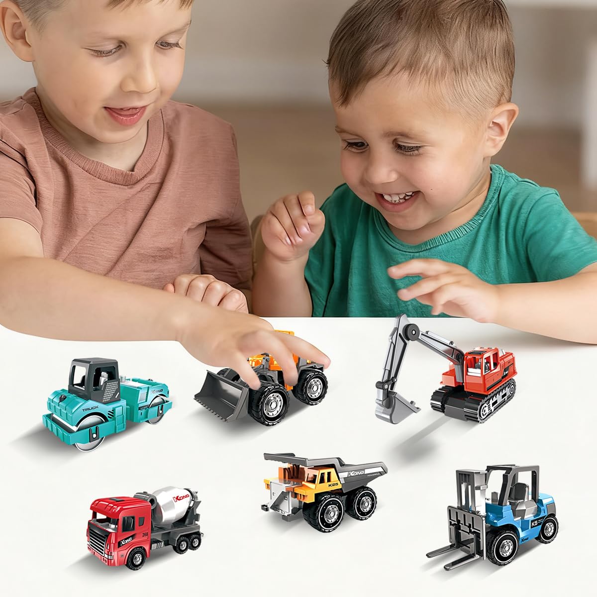 Camiones de Construcción Juguetes, 6PCS Camiones Juguetes, Mini Coches Vehículos de Construcción, Set de Vehículos Push and Go con Grúa, Excavadora, Educación Regalos