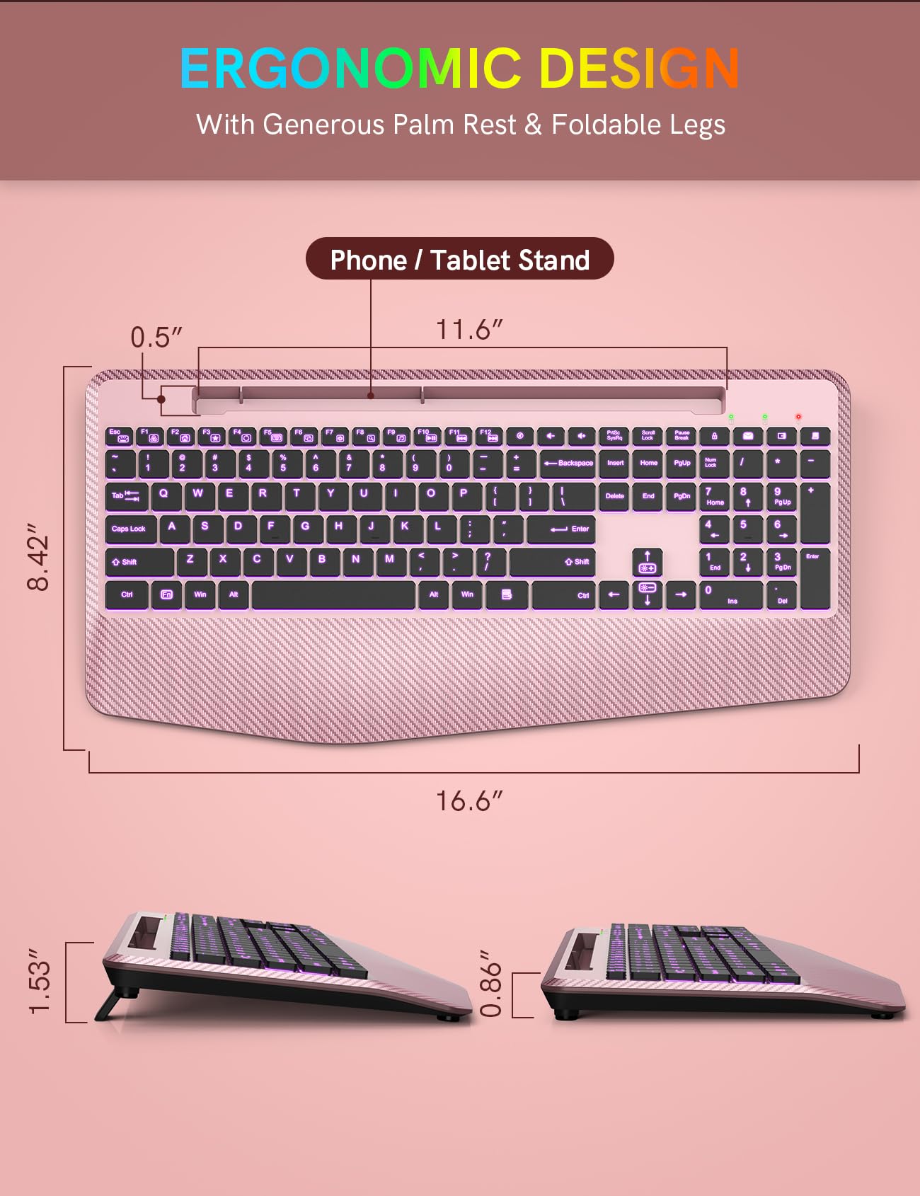Wireless Keyboard with 7 Colored Backlits, Wrist Rest, Phone Holder, Rechargeable Ergonomic Computer Keyboard with Silent Keys, Full Size Lighted Keyboard for Windows, Mac, PC, Laptop (Rose Gold)
