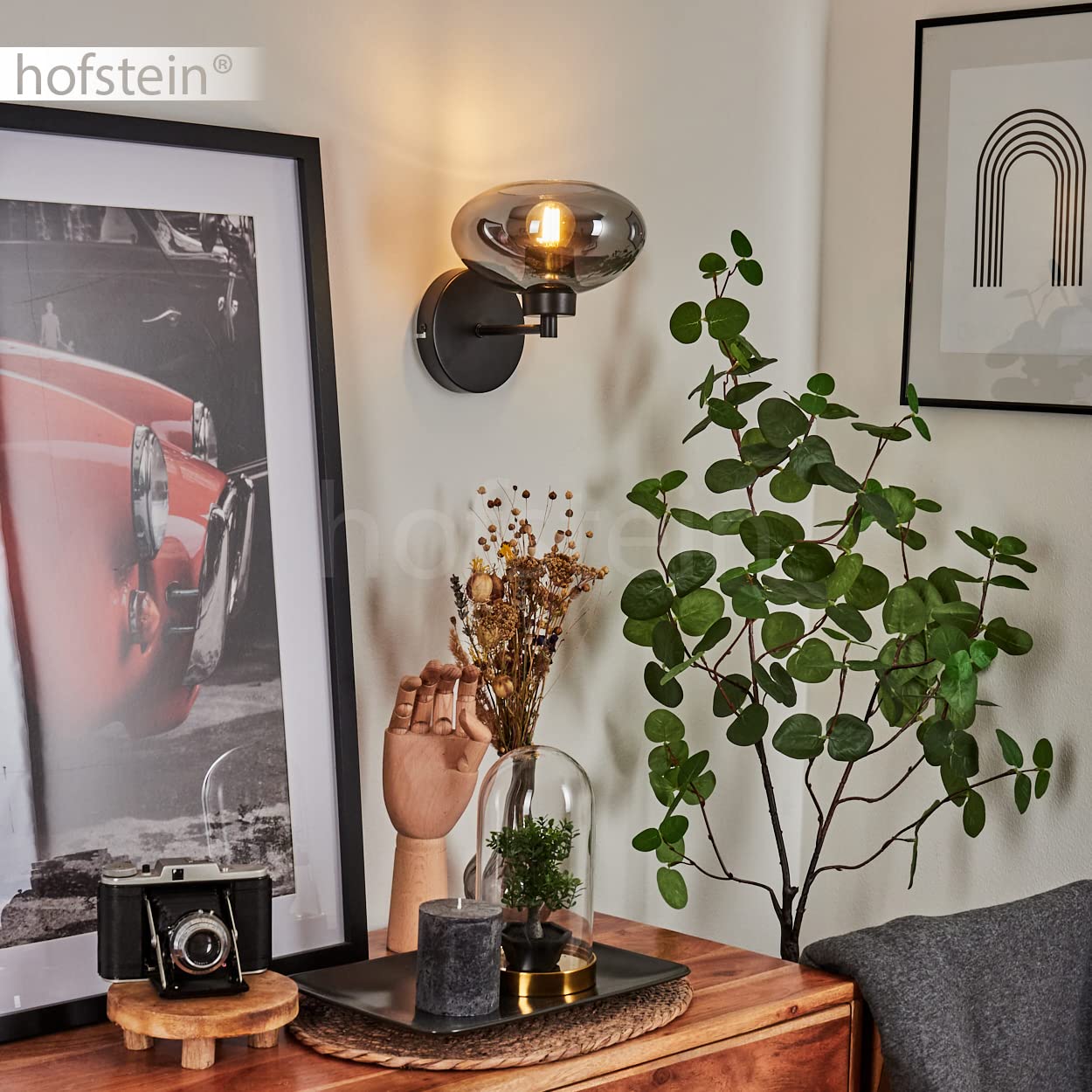 Wandleuchte Haikala, moderne Wandlampe aus Metall/Glas in Schwarz/Rauchfarben, Retro/Vintage Leuchte Up mit Schirm aus Rauchglas (Ø 18,5 cm), 1-flammig, 1 x E27, ohne Leuchtmittel