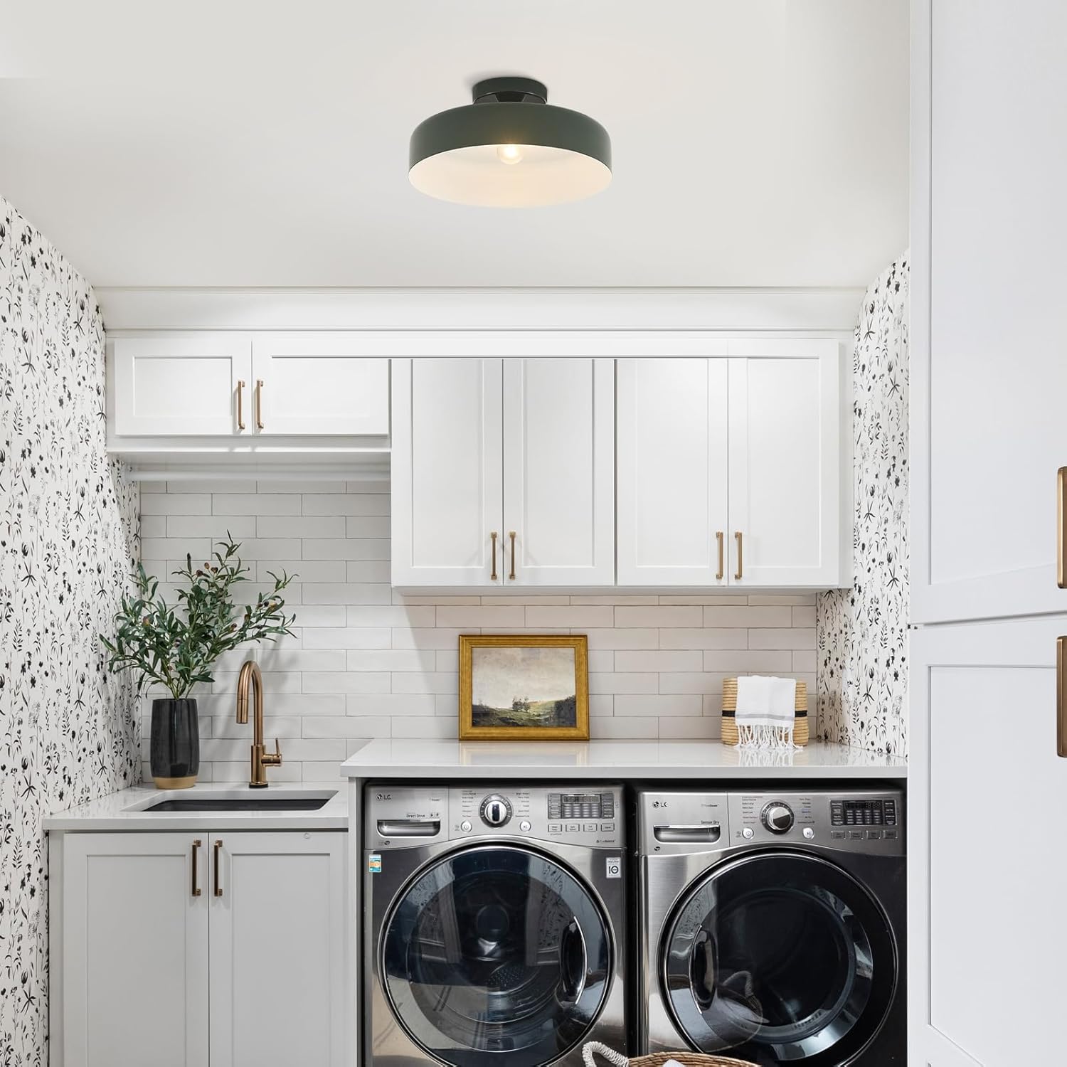 13-Inch Industrial Semi Flush Mount Ceiling Light Vintage Green Light Ceiling Mount Lamp Farmhouse Flush Mount Light Fixture for Hallway Bedroom Foyer Kitchen Entryway