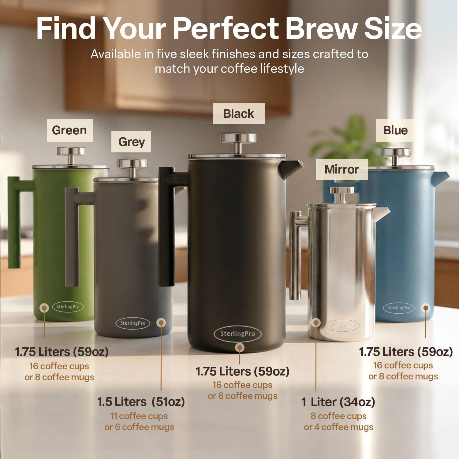 SterlingPro French Press Coffee Maker-Double Walled Large Coffee Press with 2 Free Filters- Granule-Free Coffee, Stylish Rust Free Kitchen Accessory-Stainless Steel French Press (1,75 l, Black)