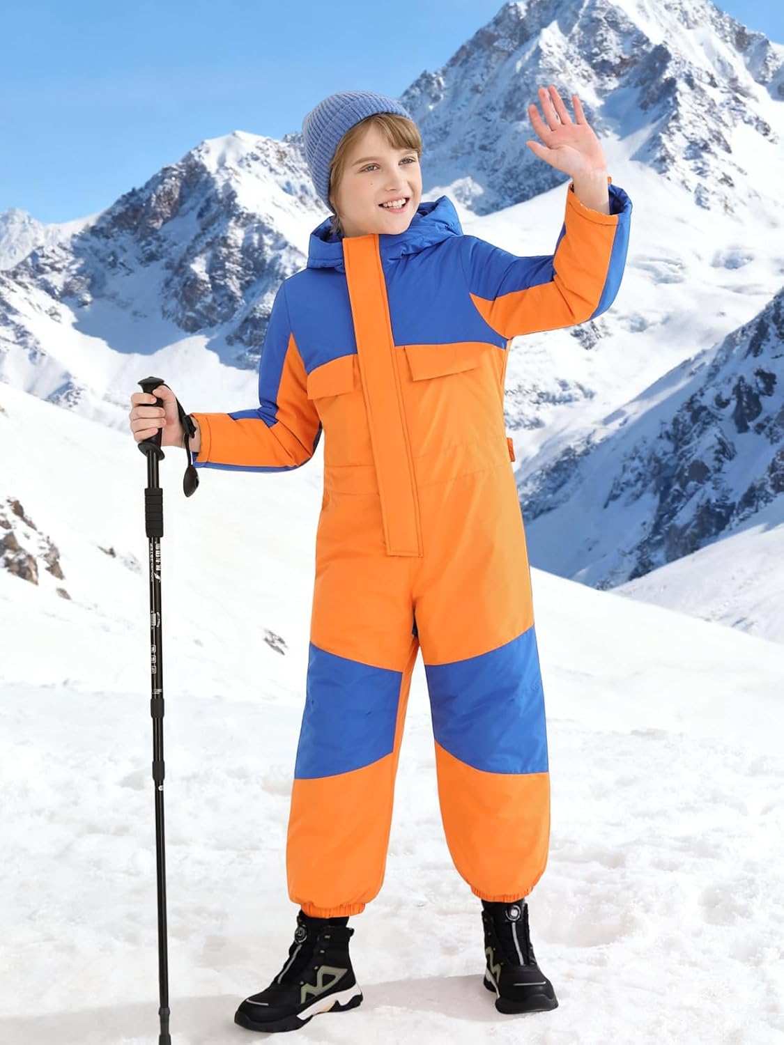 Haloumoning Boys One Piece Snowsuit Kids Hooded Waterproof Insulated Ski Suit Coveralls 5-14 Years