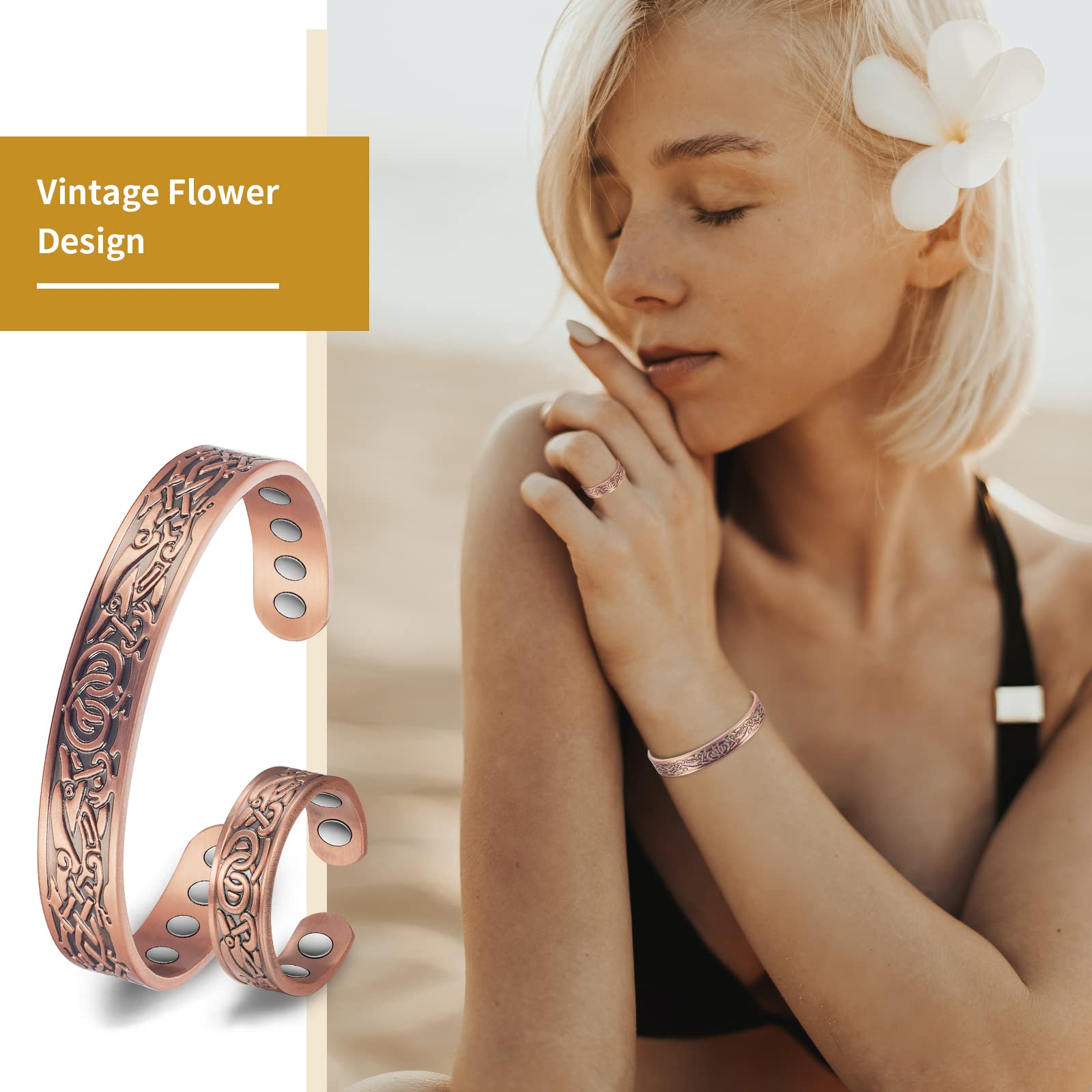 EnerCoppeX Set Bracciale E Anello Magnetico In Rame Solido 99,99% – Regolabile, Unisex, Gioielli Terapeutici