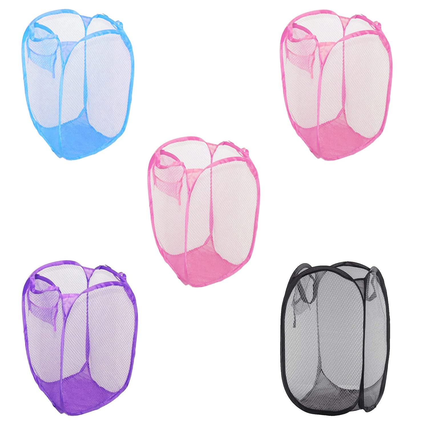 HOMESHOPA Laundry Baskets Pop Up Mesh Washing Bag, 5 Pack Foldable Laundry Hamper Bin Bag with Durable Handles & Side Pocket, Collapsible Clothes Toy Tidy Storage Organiser, Assorted Colours