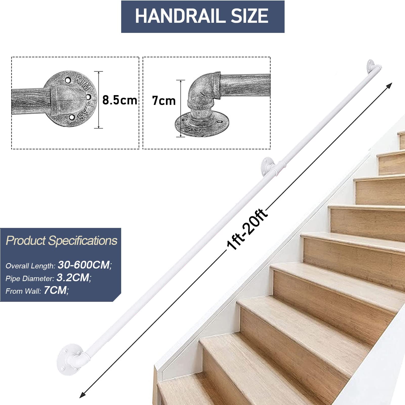 IBOWZ Corrimano per Scale Interne Esterne Ringhiera per corrimano montata a Parete Bianca per Scale Interne e gradini Esterni,corrimano in Ferro da 1 Piedi a 20 Piedi Ringhiere per aste di suppor