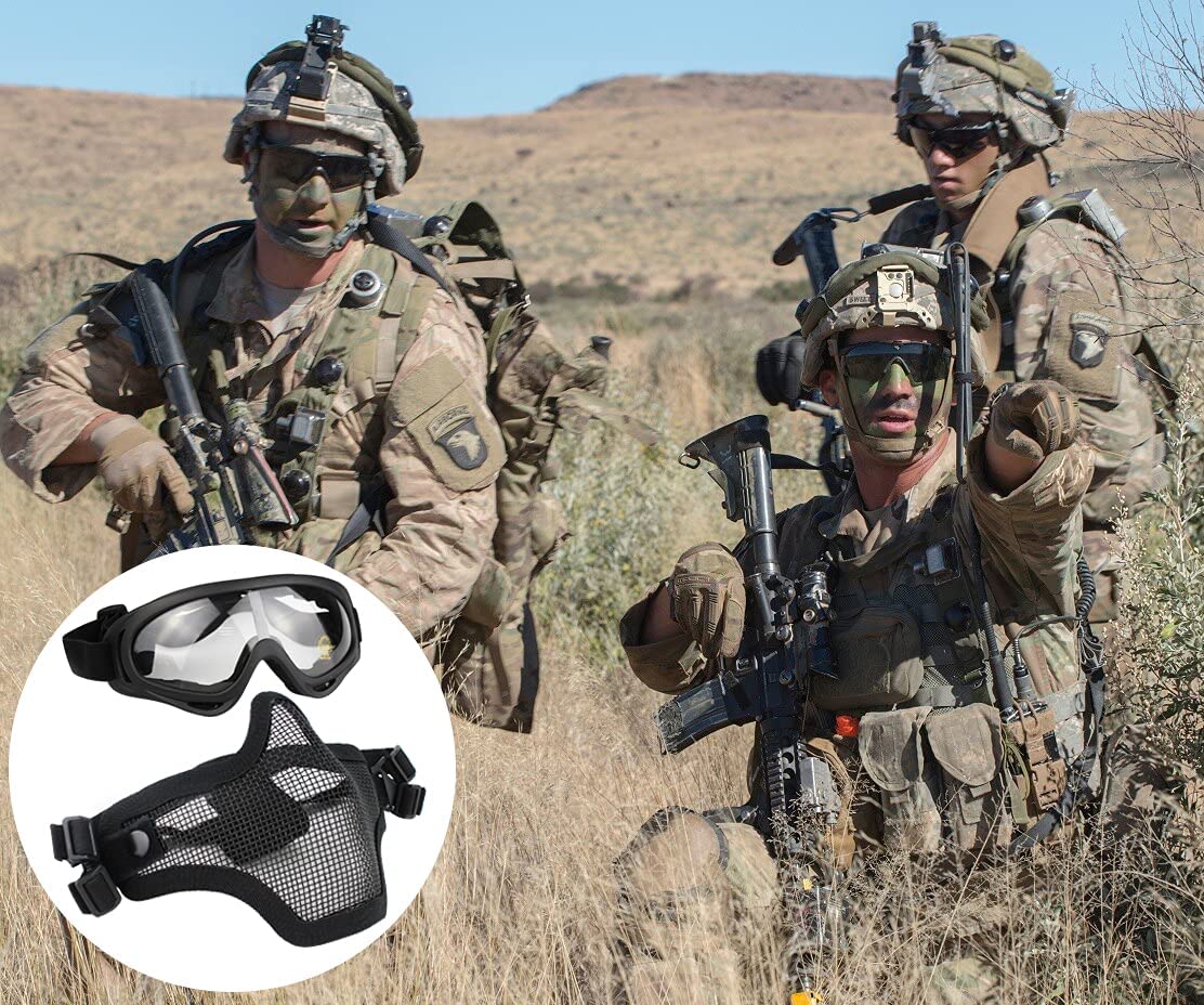 Airsoft Ensemble Masque et Lunettes, Demi-Masque en Acier Plein Masque et Lunettes pour CS/Chasse/Paintball/Tir