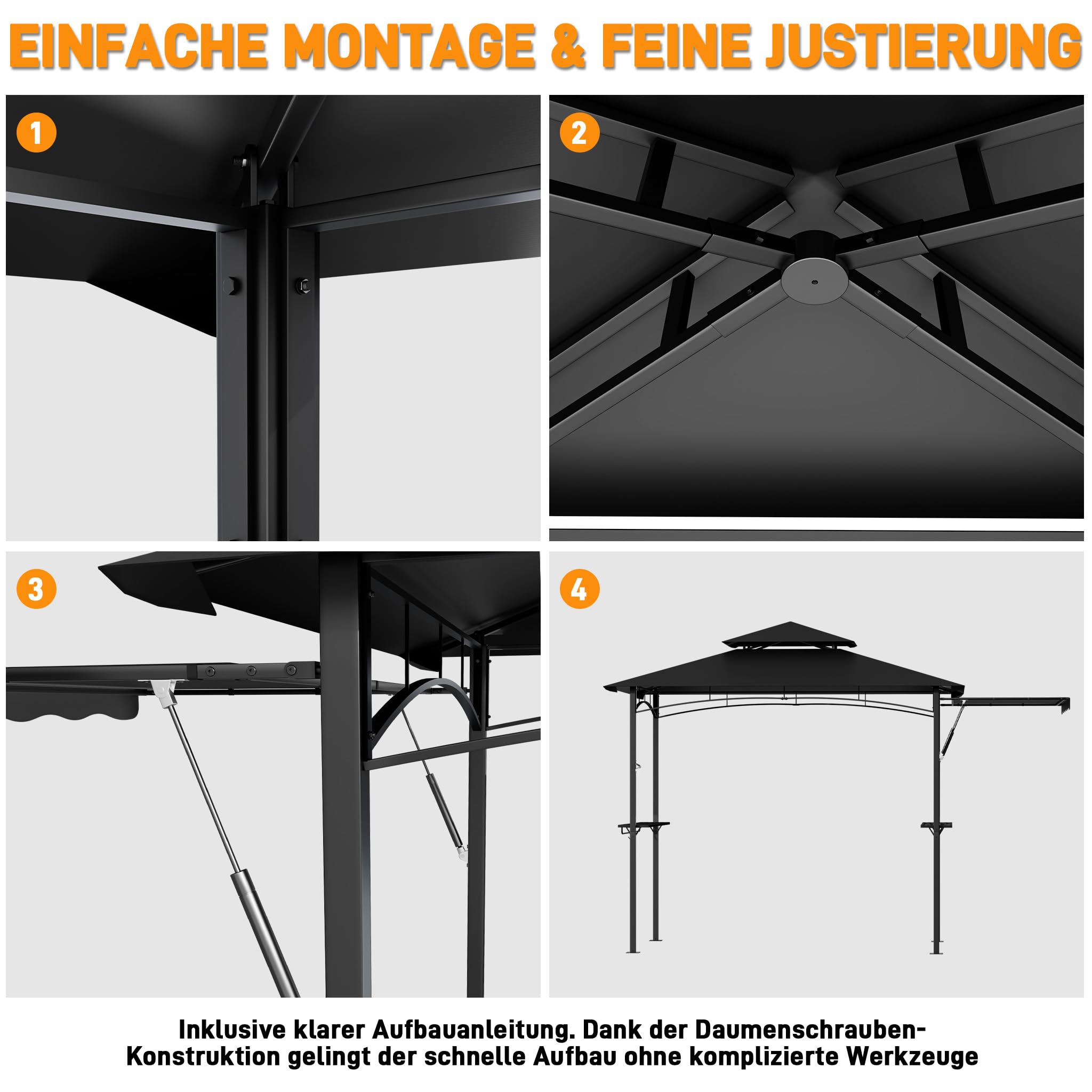 XMTECH Pawilon grillowy z markizą boczną, podwójnym dachem i miejscem do przechowywania, 339 x 141 x 253 cm, pawilon ogrodowy, 2 metalowe regały i haczyki, ochrona na BBQ, imprezy ogrodowe, czarny