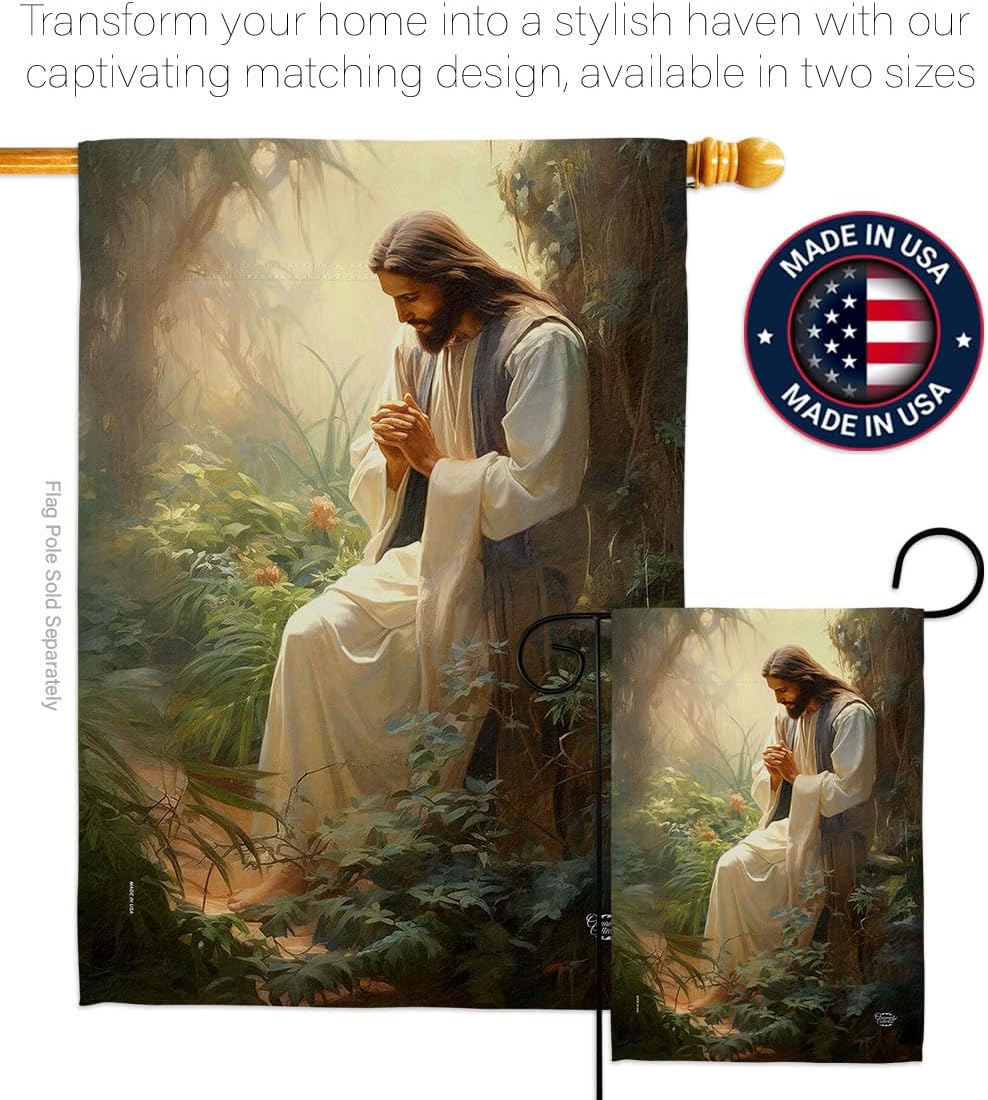 Jesus in Prayer Flag Memorial Stake Patio Lawn Outdoor Post Tapestry Yard Signs Cemetery Decorations for Grave Poster Easter Decor Christian Gifts Made in USA