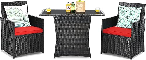 Miniatura 13 de Tangkula Patiojoy - Juego de comedor de 3 piezas de ratán de polietileno que ahorra espacio, con mesa superior de vidrio templado y sillas