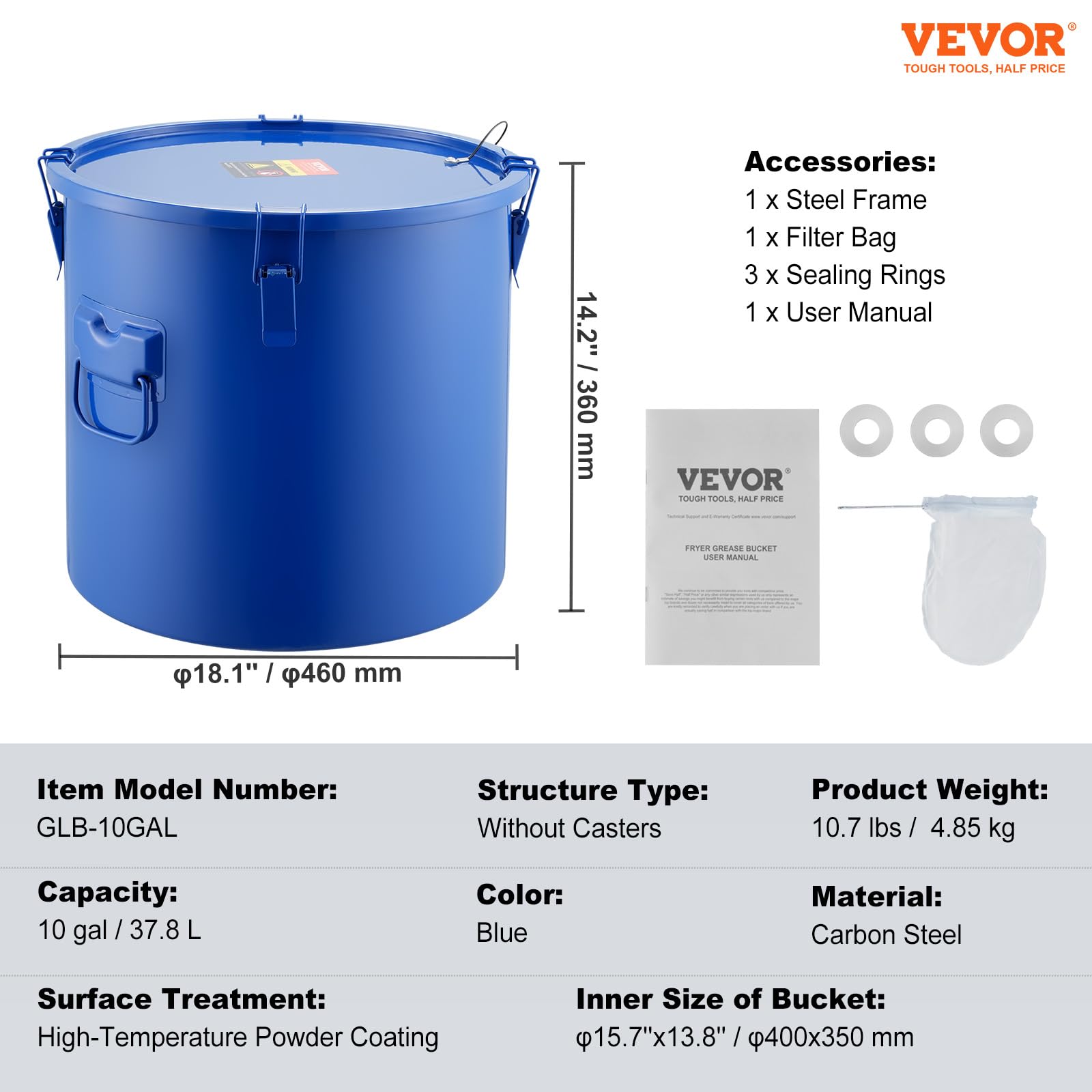 VEVOR Secchio per Grasso per Friggitrice, Contenitore per Smaltimento Olio da 8 Gal Secchio per Olio per Friggitrice in Acciaio al Carbonio con Rivestimento Antiruggine, Clip di Chiusura, Blu