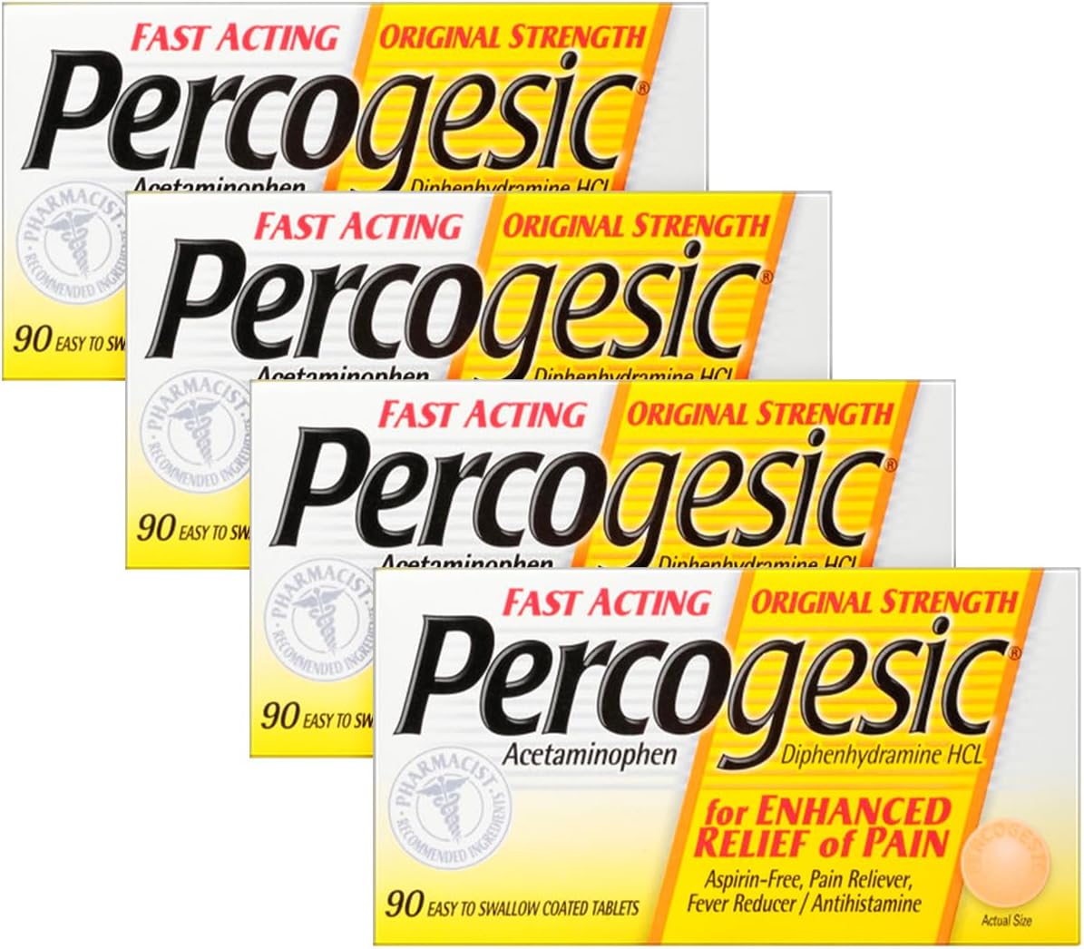Percogesic Original Pain Relief | Aspirin Free Fast Acting Relief | 90 Coated Caplets (4 Pack)