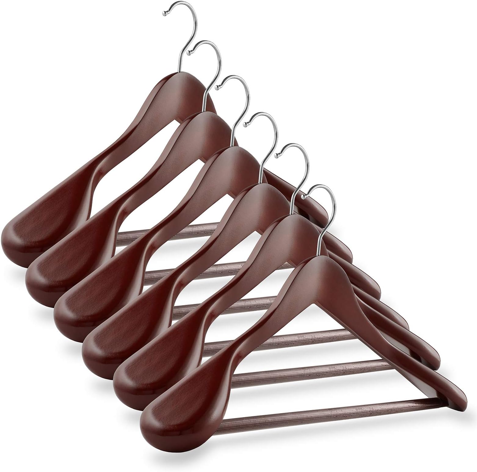 Casafield - 6 Cherry Wide Shoulder Wooden Suit Hangers - Premium Lotus Wood, Non-Slip Pant Bar & Chrome Swivel Hook for Dress Clothes, Coats, Jackets, Pants, Shirts, Skirts