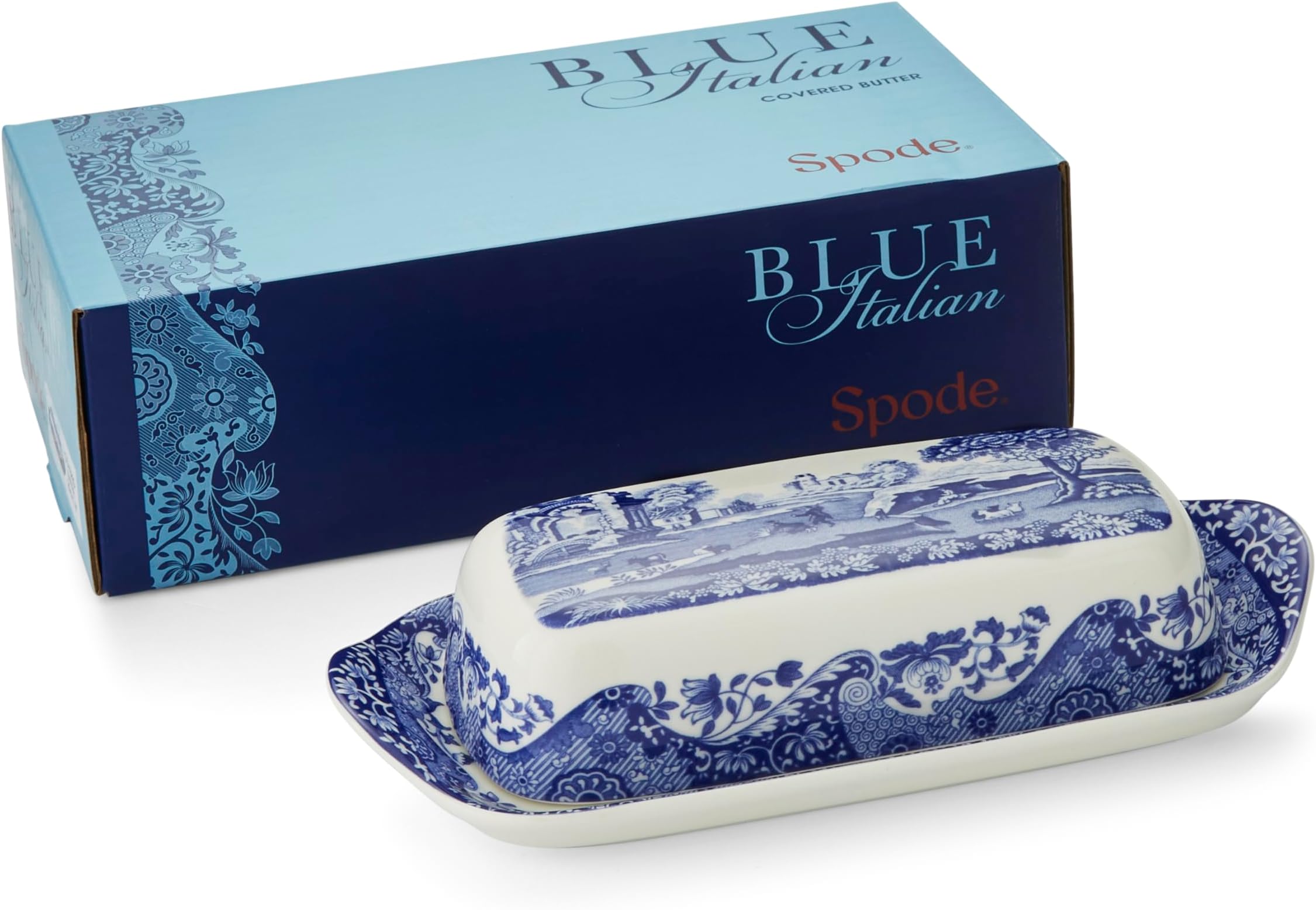 x Blue Italian Porcelain Butter Dish with Lid - Elegant Design Featuring Signature Blue and White Oriental border, Dishwasher Safe, Suitable for Kitchen Display and Everyday Use, Made in England