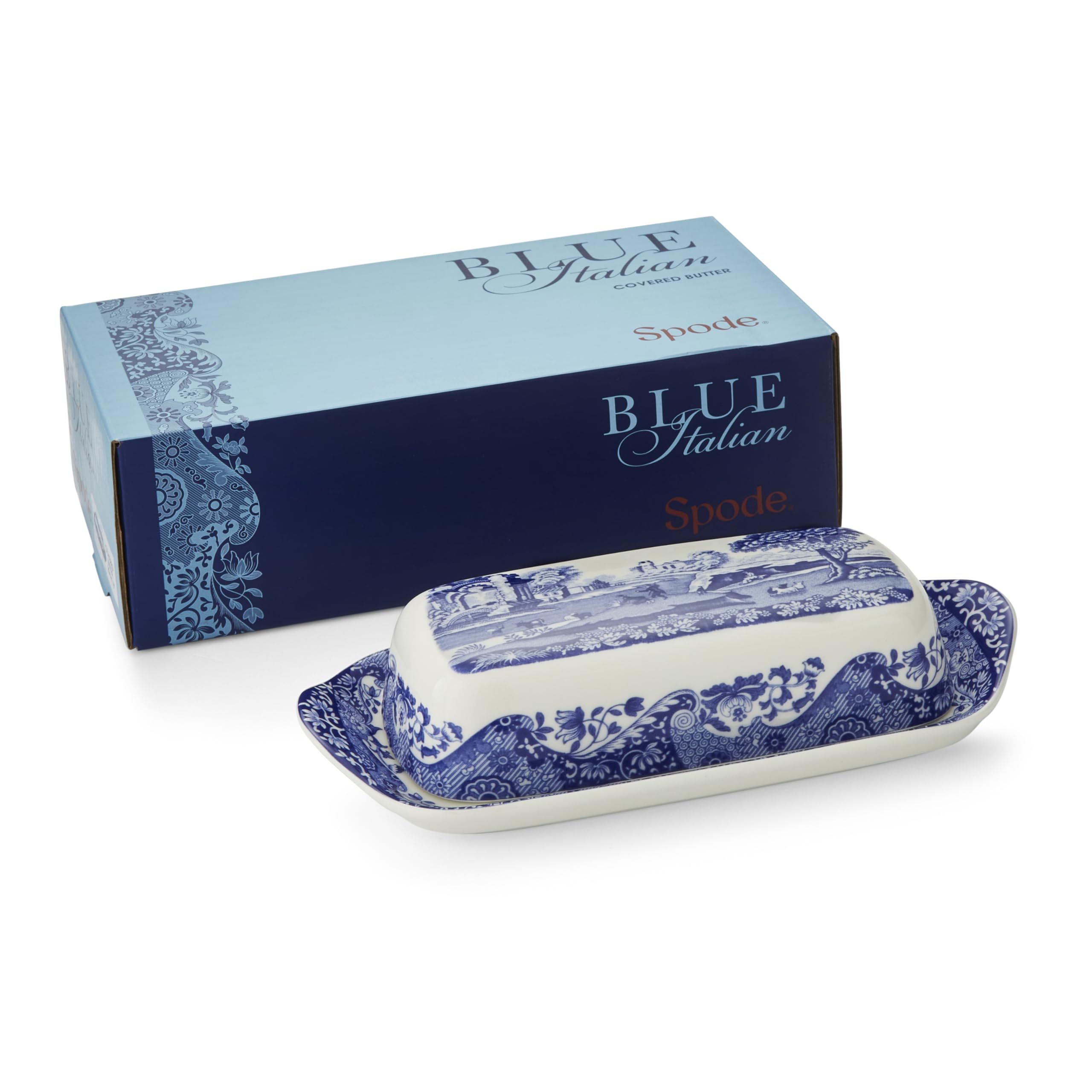 Blue Italian Butter Dish, Fine Porcelain Covered Butter Holder with Countryside Scene & Oriental Border, Collectible Blue & White Tableware - 8" x 4" Decorative Kitchen Server, Oven Safe