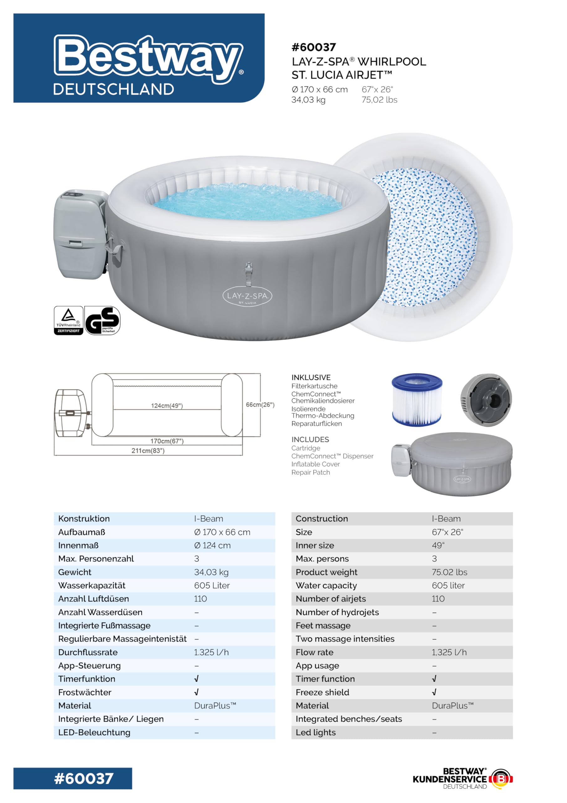 Bestway Lay-Z-SPA St. Lucia AirJet Whirlpool 170 x 66 cm 2-3 Personen rund Silbergrau