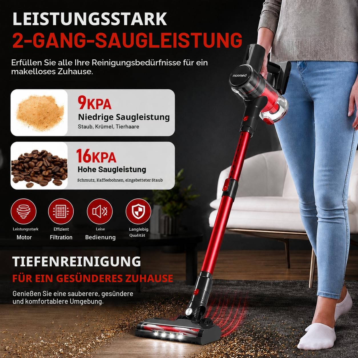 Kabelloser Staubsauger Einziehbarer 4-in-1 LED Akku Staubsauger 2-Stufen Anti-Tangle kabelloser Sauger 6×2200mAh 150W/16KPa/49Mins 1L Ultraleicht für Teppiche, Hartböden (Rot & Grau)