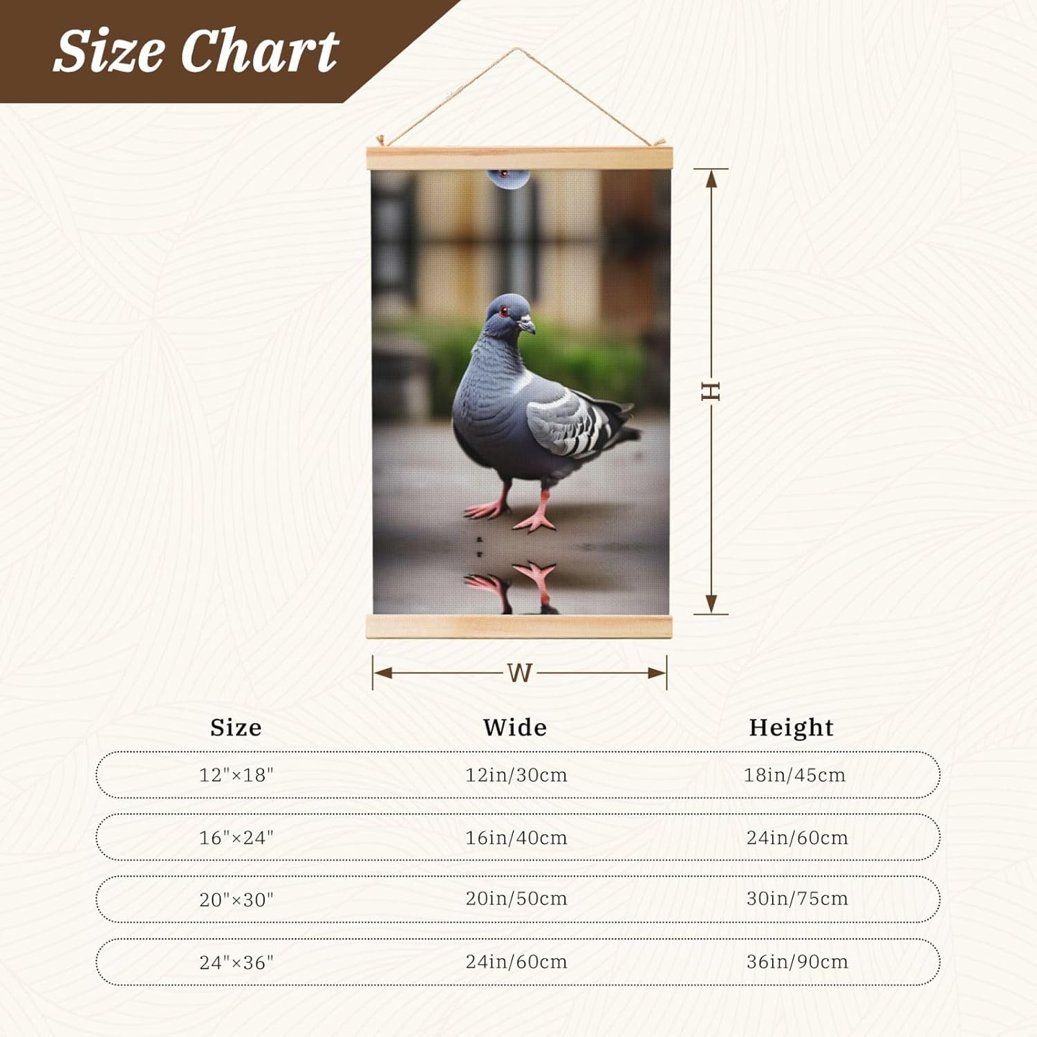 Grey Pigeon Print Poster Hanger,Hanging Poster, Poster Frame,Wood Poster Hanger, For Wall Hanging