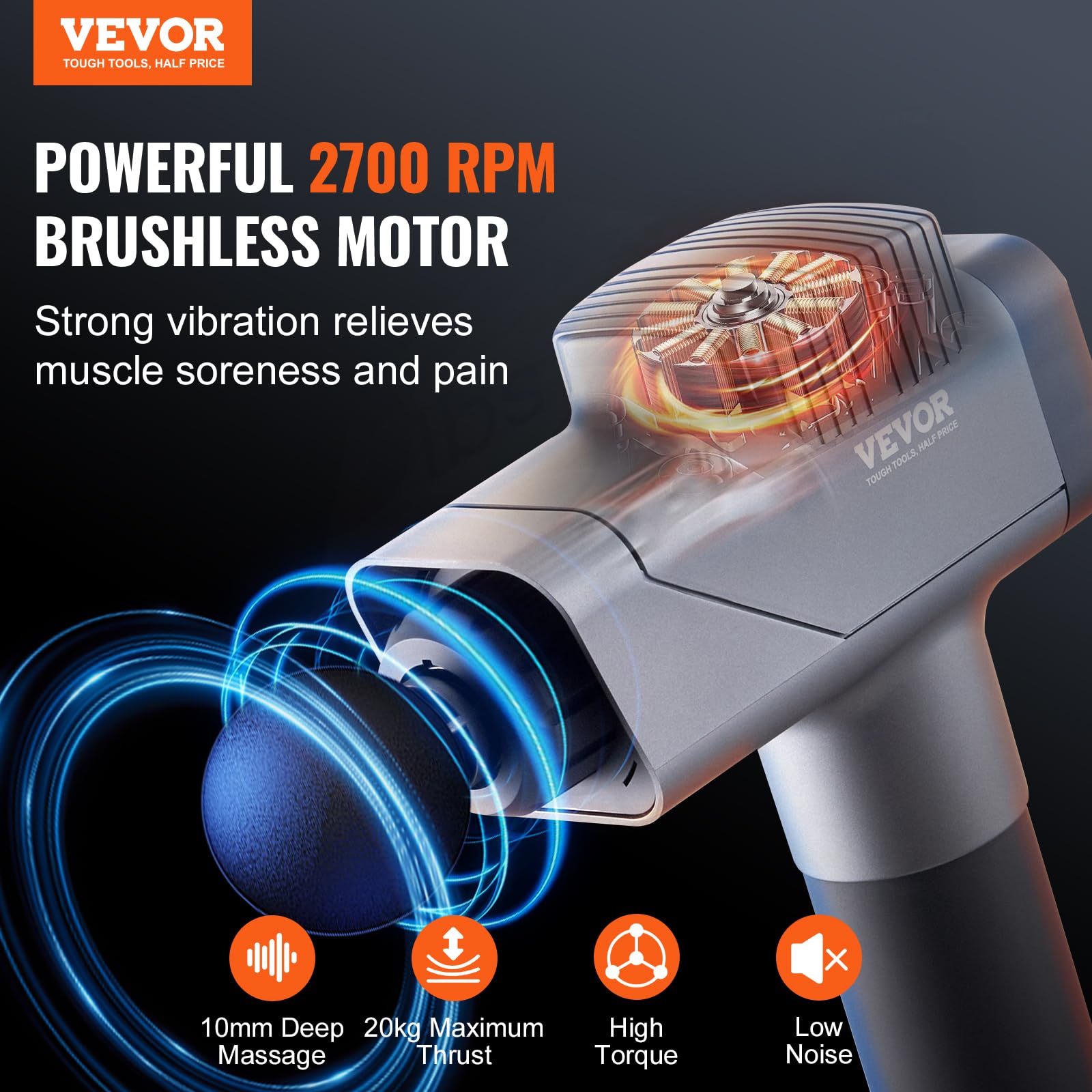 VEVOR Pistolet de massage musculaire, 8 vitesses, appareil de massage tissus profonds à percussion pour athlètes, masseur de muscles 6 têtes portatif pour soulager douleur, relaxation musculaire, 16 V