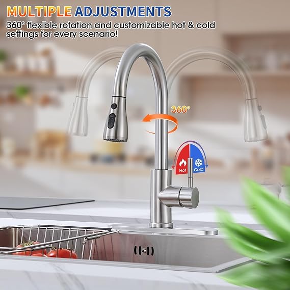Kitchen Sink Faucets with Pull Down Sprayer, High Arc Single Handle Stainless Steel Commercial Kitchen Faucet, 1 or 3 Hole Sink Faucet for Farmhouse, Camper, Laundry, RV,