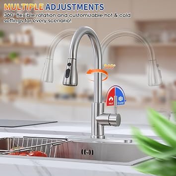 Kitchen Sink Faucets with Pull Down Sprayer, High Arc Single Handle Stainless Steel Commercial Kitchen Faucet, 1 or 3 Hole Sink Faucet for Farmhouse, Camper, Laundry, RV,