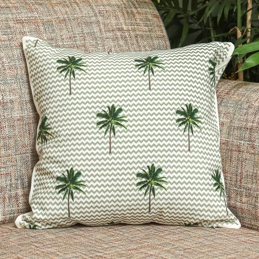 Image of Jungle Theme Cushion Covers Set of 5 | Tropical Green Leaf Printed Decorative Throw Pillow Covers for Sofa Couch Bed Living Room Balcony | Hidden Zipper Cushion Covers | 16 x 16 Inch