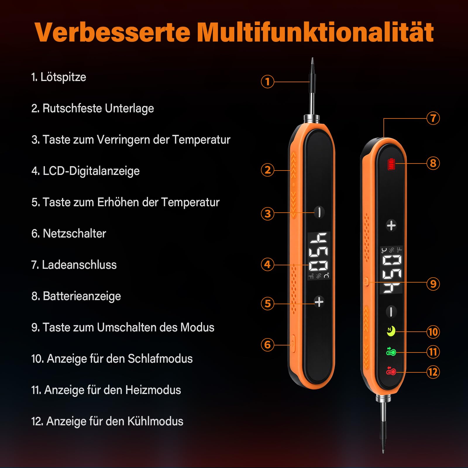 Fer à souder sans fil avec support, écran LCD, température réglable 180-450 °C, 3 pointes de soudure, fer à souder USB pour réparation de circuits imprimés, réparation de soudage - Orange