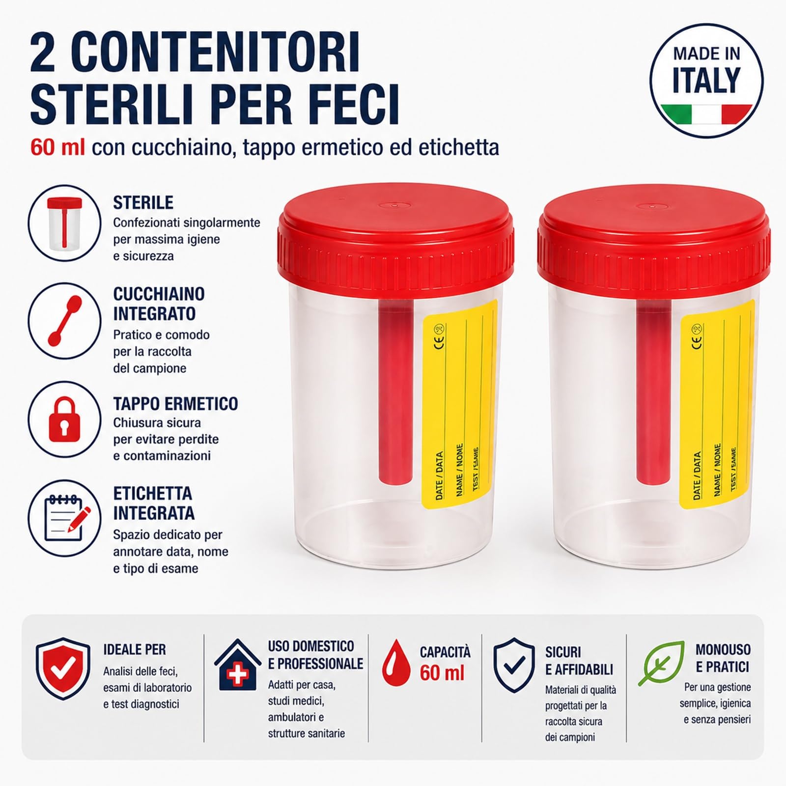 Topolenashop 2 Contenitori Sterili per Feci 60 ml con Cucchiaino, Tappo Ermetico ed Etichetta – Barattoli Raccolta Campioni Monouso per Analisi Coprologiche, Made in Italy 578943