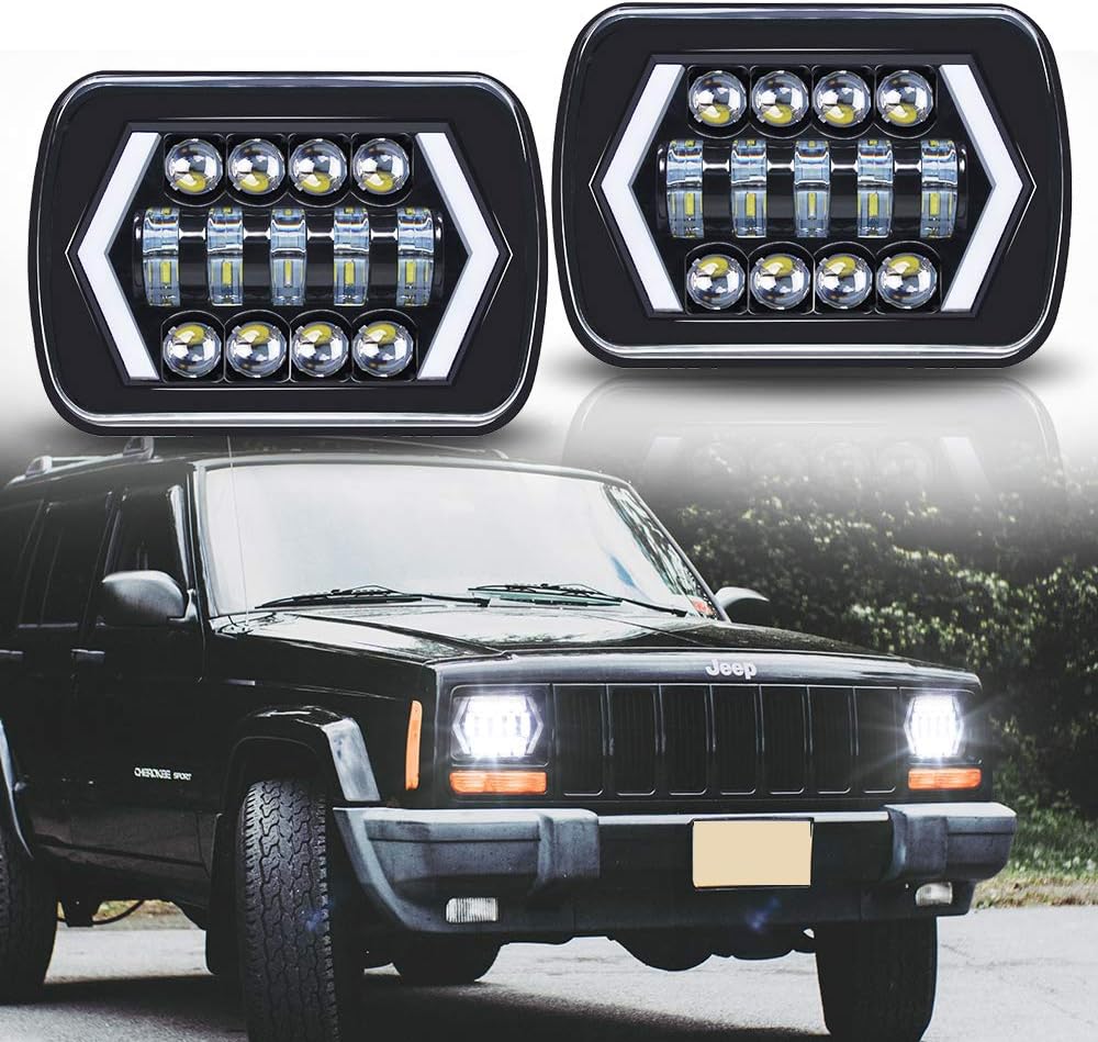 ROCCS 2PCS Square 5x7 LED Headlights with Arrow Angel Eyes DRL Turn Signal H4 Plug for YJ XJ Trucks, 7x6 H6014 5054 6052 6054 LED Halo Headlights