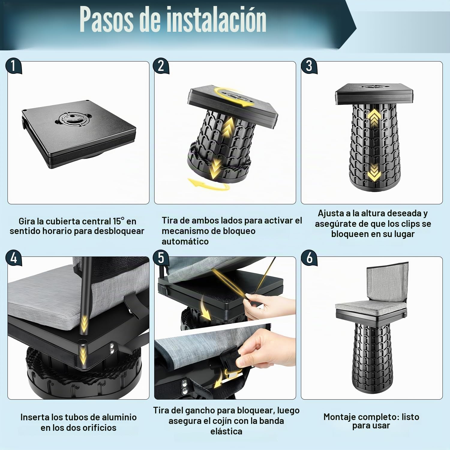 Taburete telescópico Mejorado con Respaldo y cojín Extra Grueso,Silla Plegable portátil Cuadrada para Exteriores,Taburete Plegable de 50 cm para Adultos Camping Pesca Senderismo Viajes BBQ