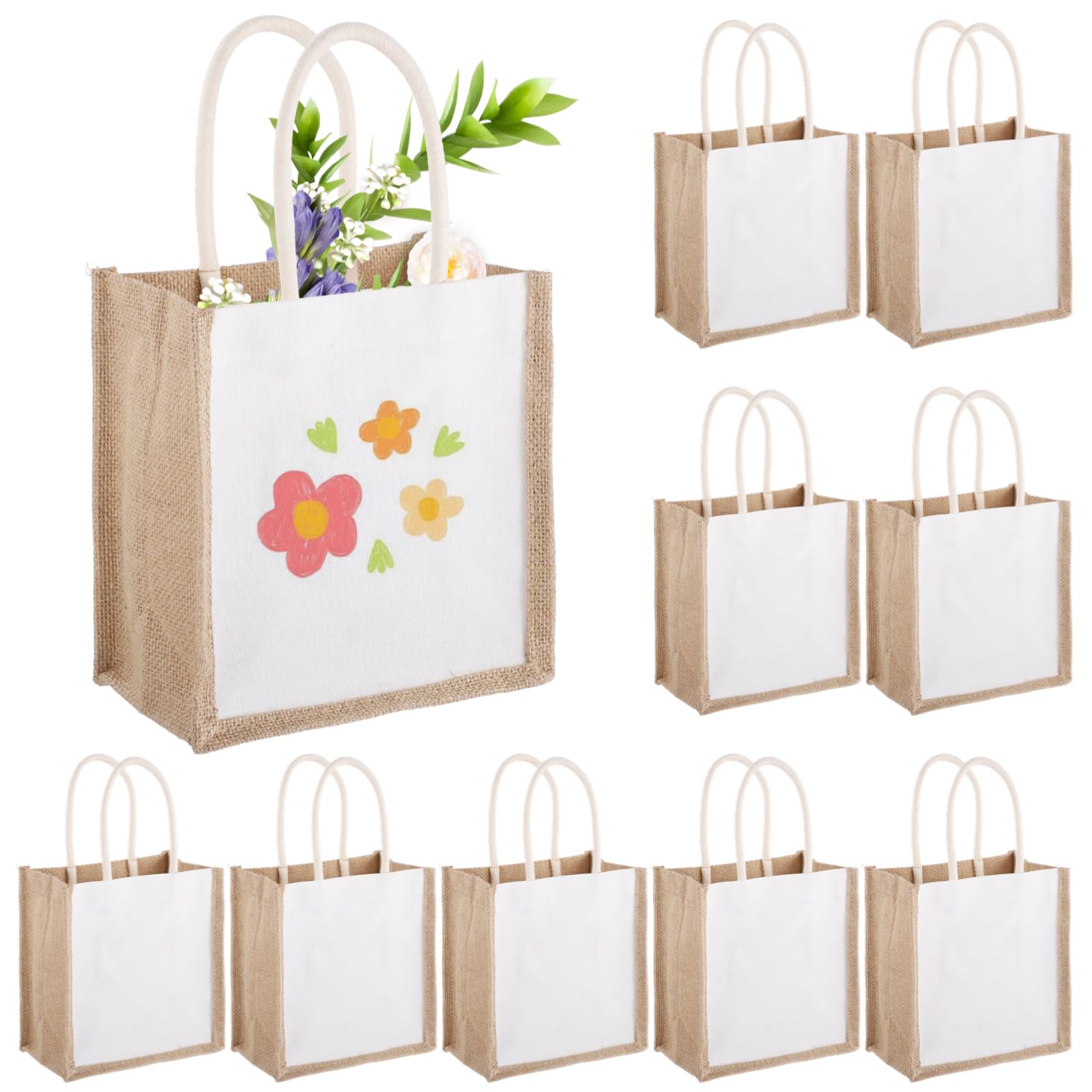 Generisch 10 STK. Jutetaschen mit Griffen, Wiederverwendbare Großpackung Tragetaschen für Damen, große wasserdichte Strandtaschen, individuell gestaltbares Canvas-Design