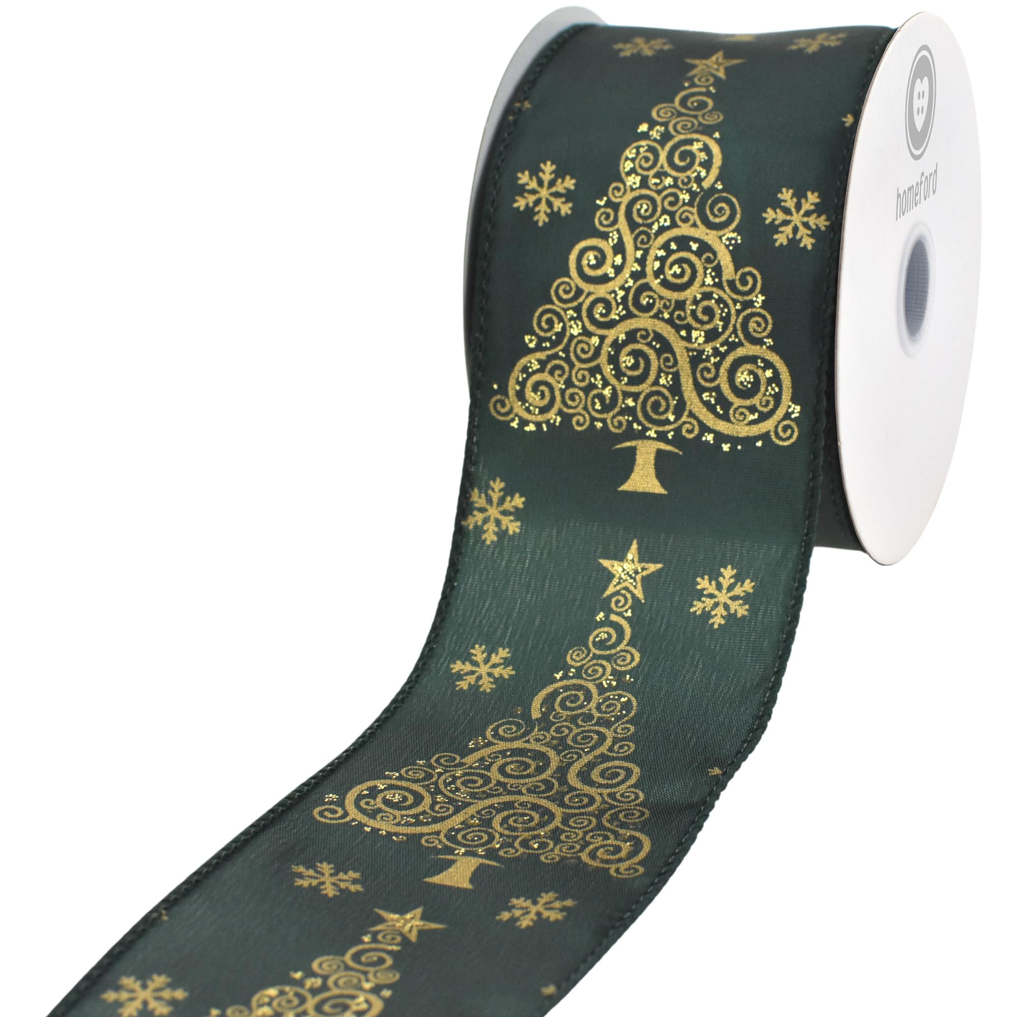 HOMEFORD Abstraktes goldenes Weihnachtsbaum-Satinband mit Draht, 6,4 cm, 9,1 m, Jäger