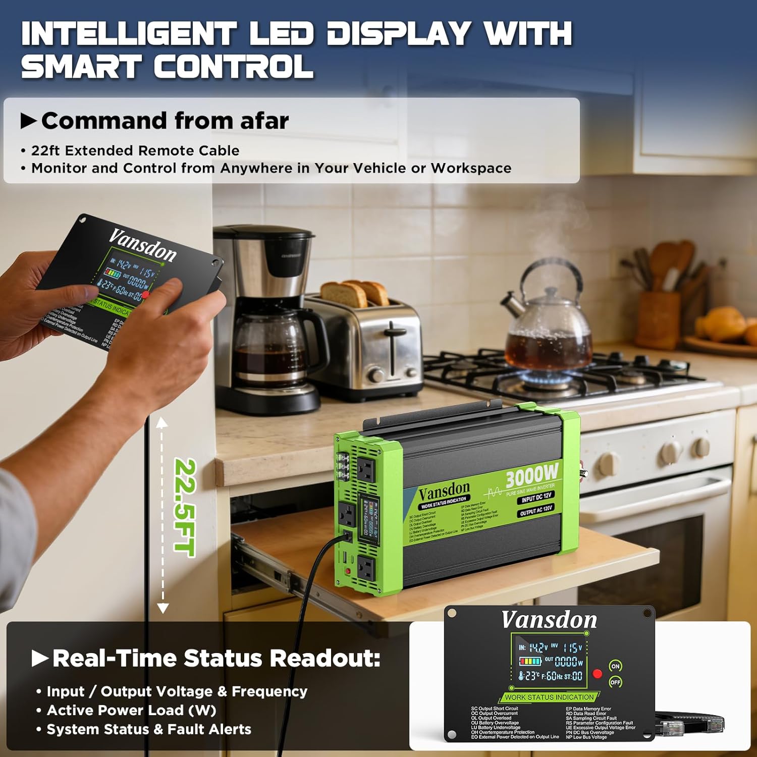 3000W Pure Sine Wave Inverter 12V DC to 120V AC Power Inverters for RV,Truck, Solar, Home, Off-Grid, Car with LCD Display, 3 AC Outlet, 30W USB-C, 5V 2.1A USB,Remote Control, Surge 6000W