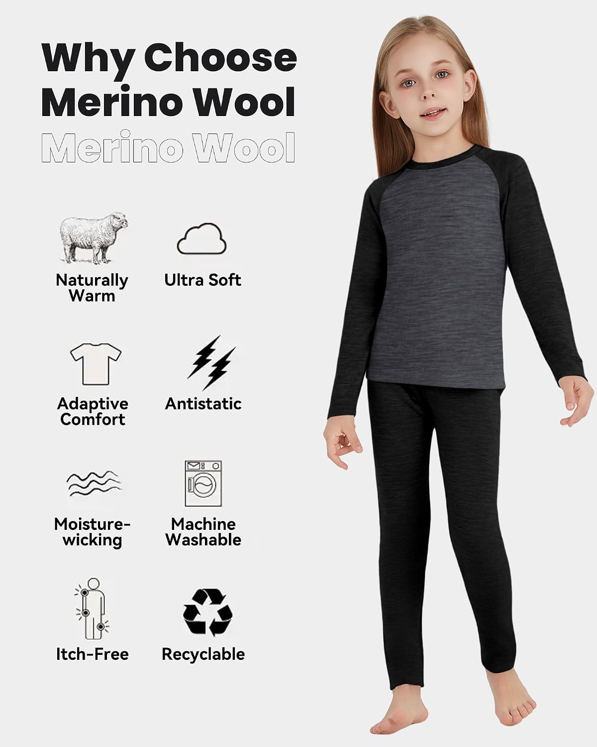 Kids Unisex 100% Merino Wool Base Layer Sets Lightweight Thermal Underwear image 2