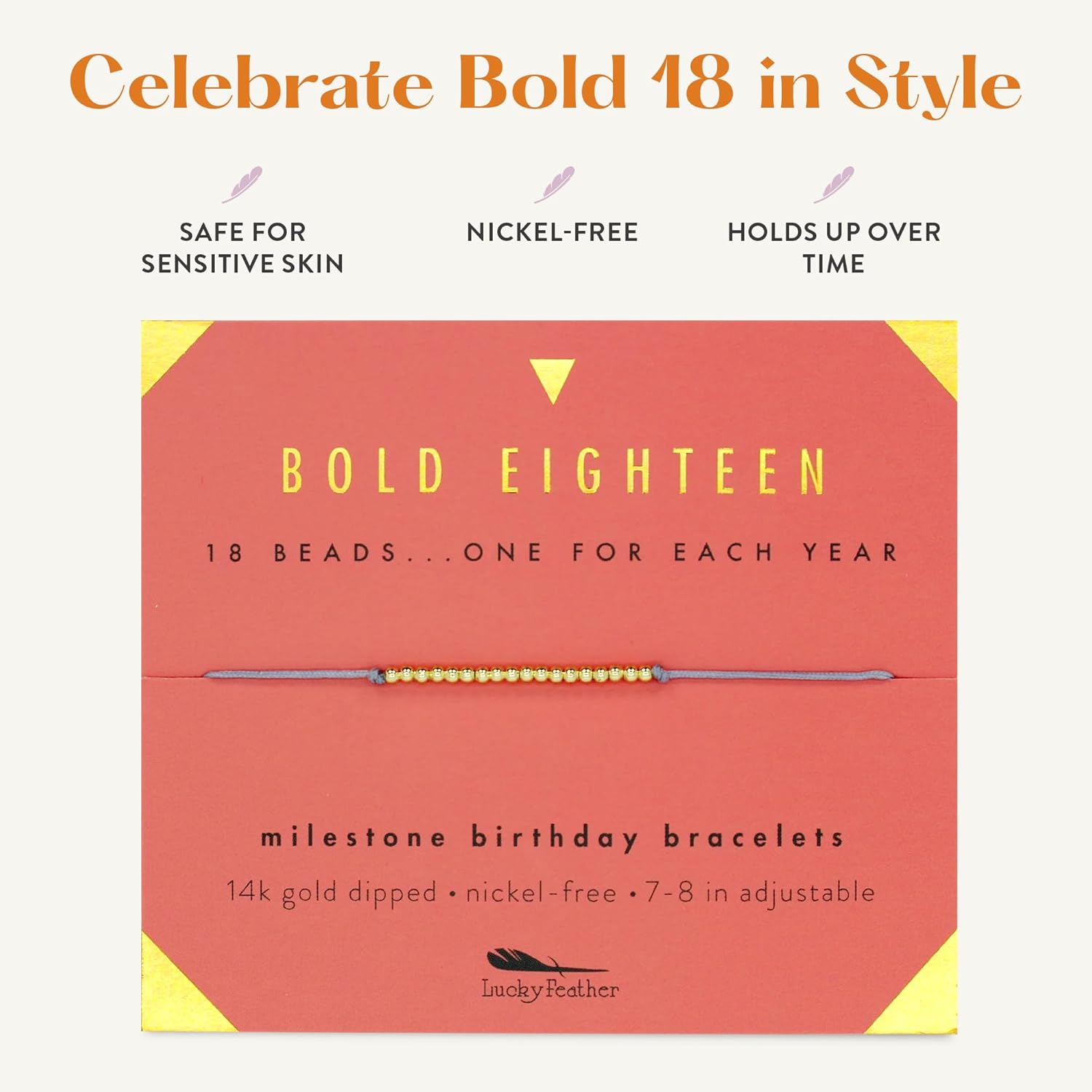 Lucky Feather 18th birthday gifts for girls | bracelet gifts for 18 year old girl | 14K Gold, Rose Gold, or Silver Dipped Beads on Adjustable Cord | Trendy 18 year old girl birthday gifts | 18 Jewelry bracelet - Image 4