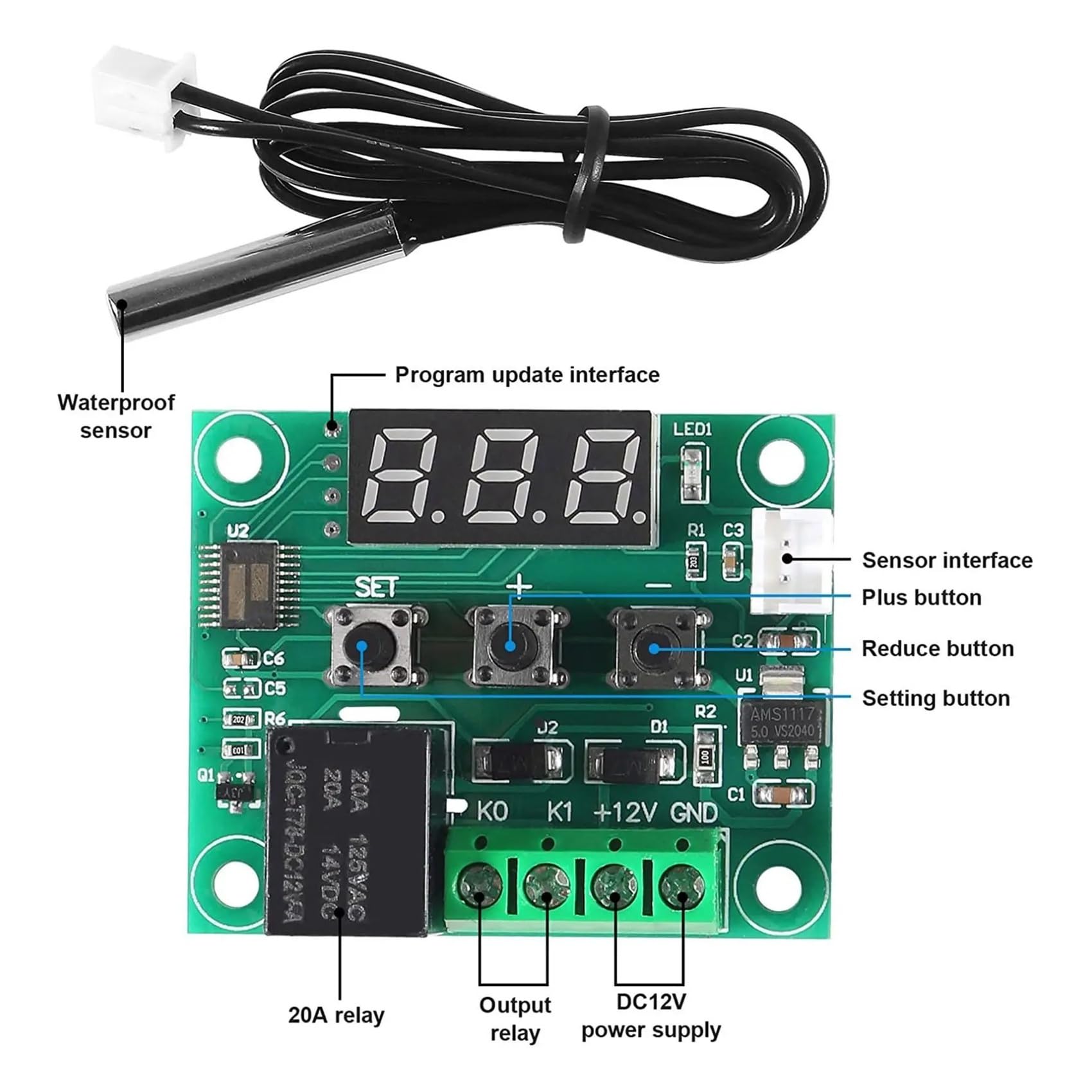 W1209 cyfrowy kontroler temperatury, 12 V DC, termostat, moduły -50-110°C, przełącznik kontroli temperatury z przekaźnikiem 10 A i próbką NTC do inkubatora, fermentacji gadów
