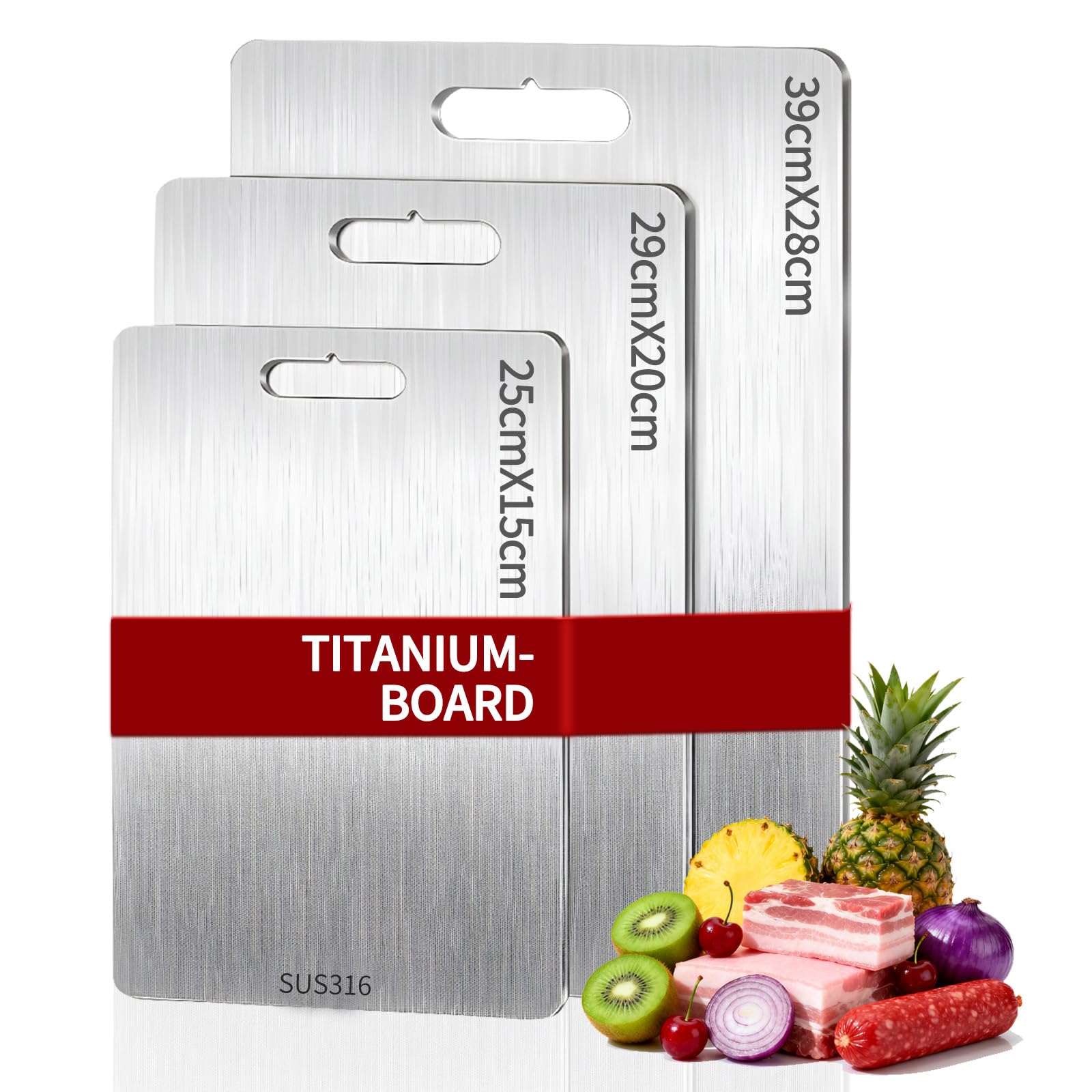 3 Planches à Découper Titane Inox, Lot de Planches de Cuisine Antidérapantes Résistantes aux Rayures, Hygiéniques & Lavables Lave-Vaisselle(25x15 cm, 29x20 cm, 39x28 cm)
