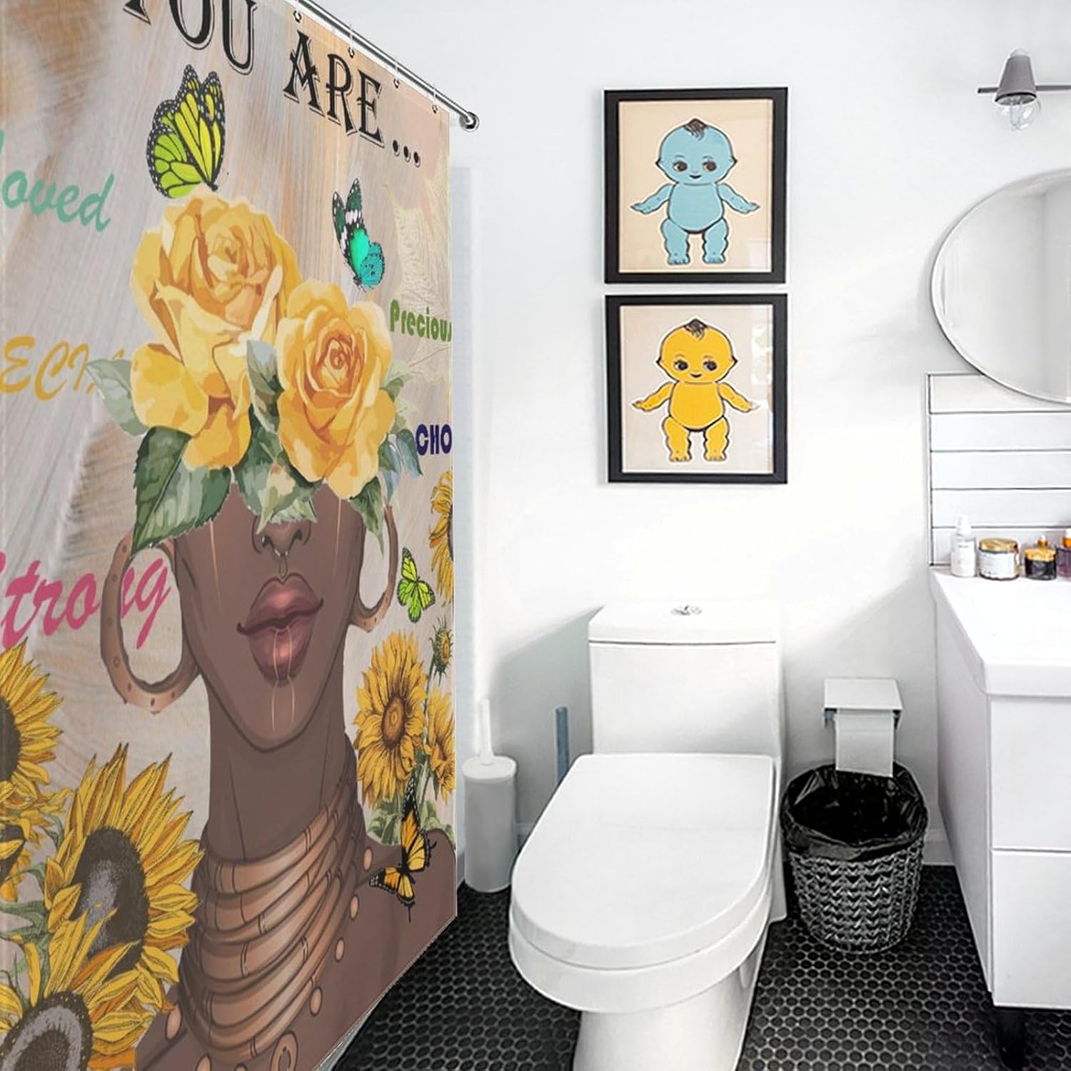 African Woman Shower Curtain,Afro American Black Girl Rose Sunflower Butterfly Print for Bathroom Bathtubs Curtains Cloth Fabric Home Decor with Hooks Set,66x72Inch