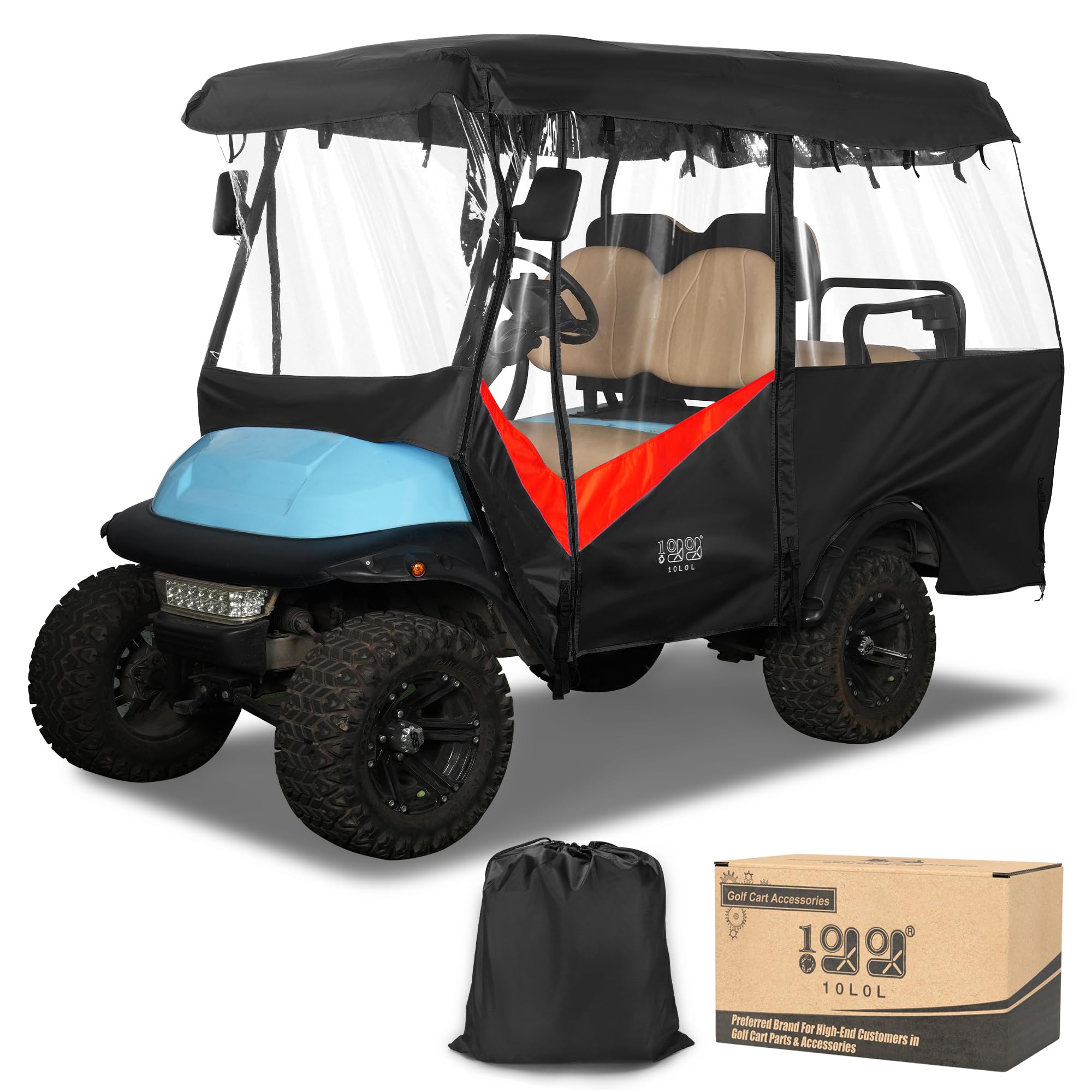 View 1 of 10L0L Golf Cart Enclosure 4 Passenger 86" Extended Roof for Yamaha Club Car Tempo Onward EZGO, 4-Seater 600D Waterproof Rain Cover,Transparent Tail Light Panel, 4-Sided Clear Windows-Black Red