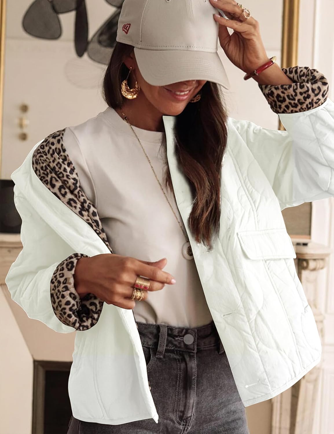 PEHMEA Women's Quilted Lightweight Jackets, Button Down Casual Coat Leopard Lining Bomber Outerwear with Pockets