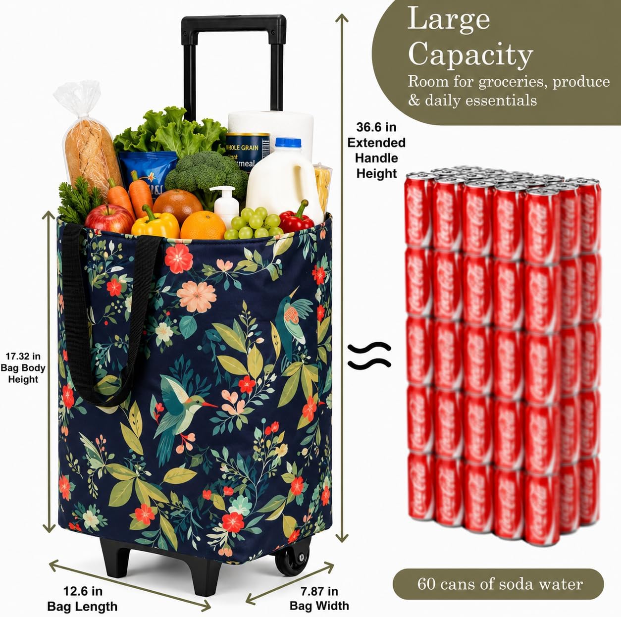Rolling Shopping Tote Bag with Wheels, Foldable Grocery Cart Bag, Collapsible Utility Tote for Market, Shopping, Laundry & Travel, Stylish Patterned Gift for Women, Mom & Seniors, Bird, L