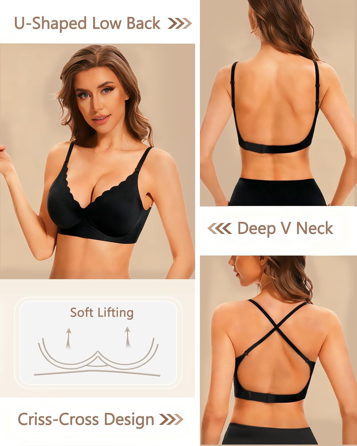 Deep V Neck Backless Bras for Women Padded Bralette Push Up Seamless Wire-Free Low Back Bra Convertible Straps - Image 2