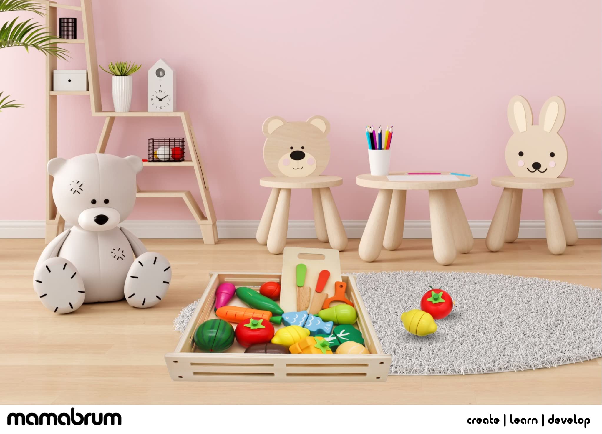 Mamabrum Frutas y Verduras Juguete - Set de Comida Madera con 17 Elementos Magnéticos - Comida de Juguete para Cocinita Infantil con Tabla, Cuchillos y Caja Almacenamiento - 3+ Años