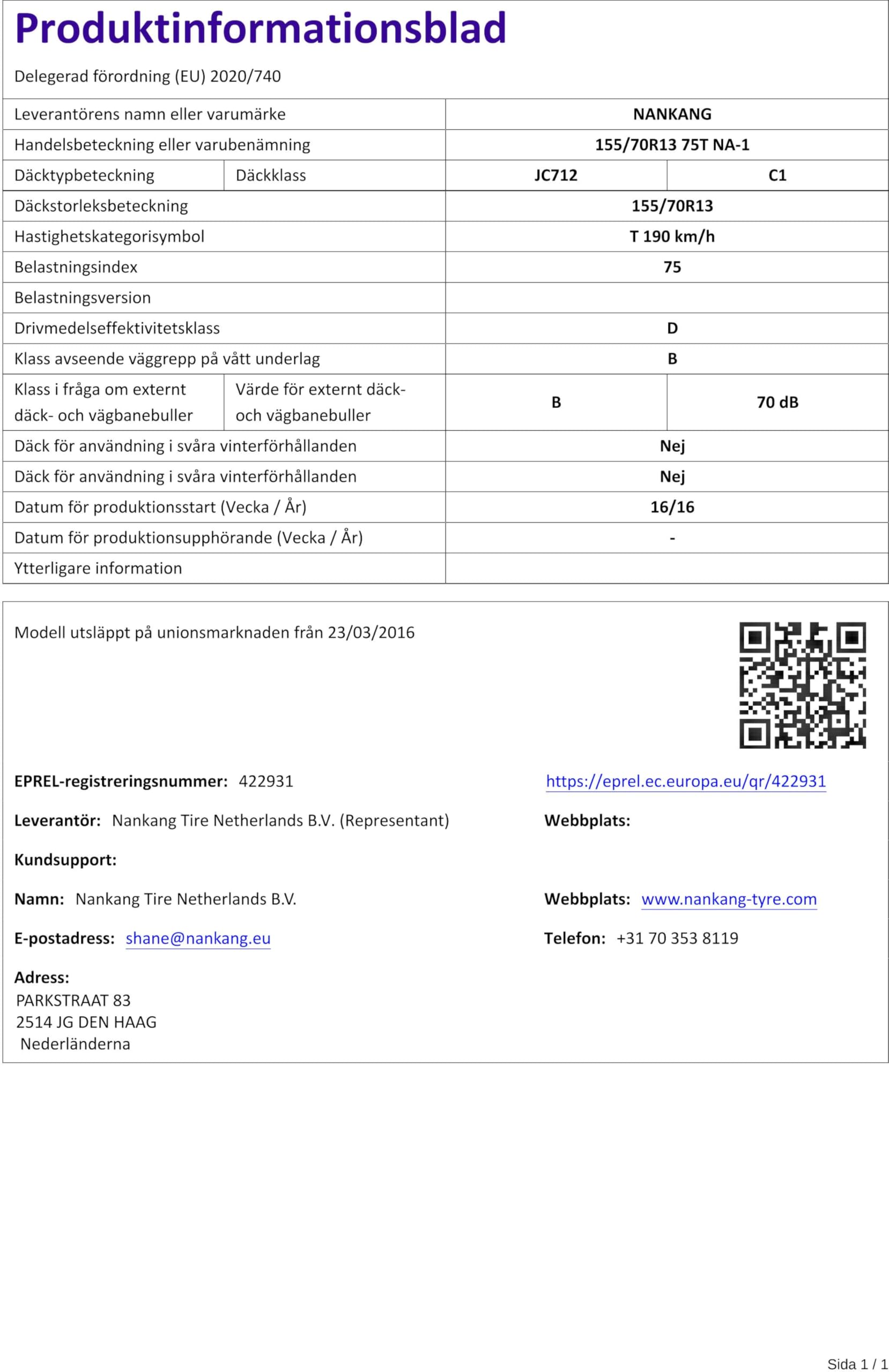 Nankang NA-1 - 155/70R13 75T - Pneu Été