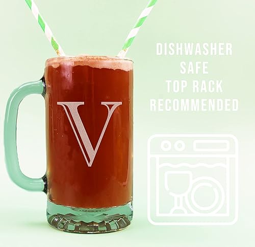 Miniatura 206 de Taza de cerveza de vidrio con monograma grabado de 16 onzas (letra T), regalos de cerveza personalizados de la A-Z para hombres, Día del Padre