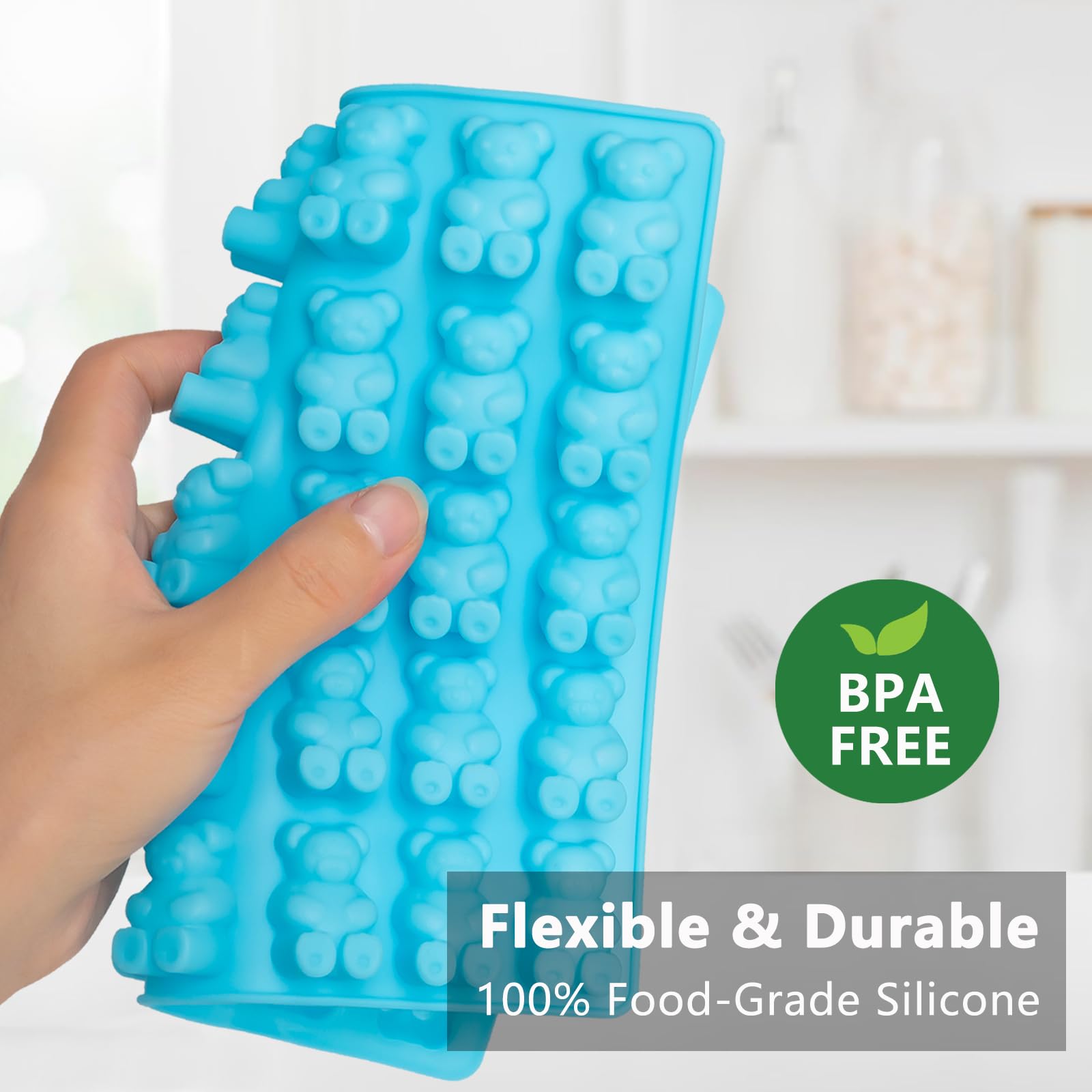 Molde grande de silicona para gomitas de oso y gusano, moldes de gomitas de caramelo para niños, moldes de chocolate antiadherentes, sin BPA, con 2 cuentagotas y 1 cepillo de limpieza, juego de 4