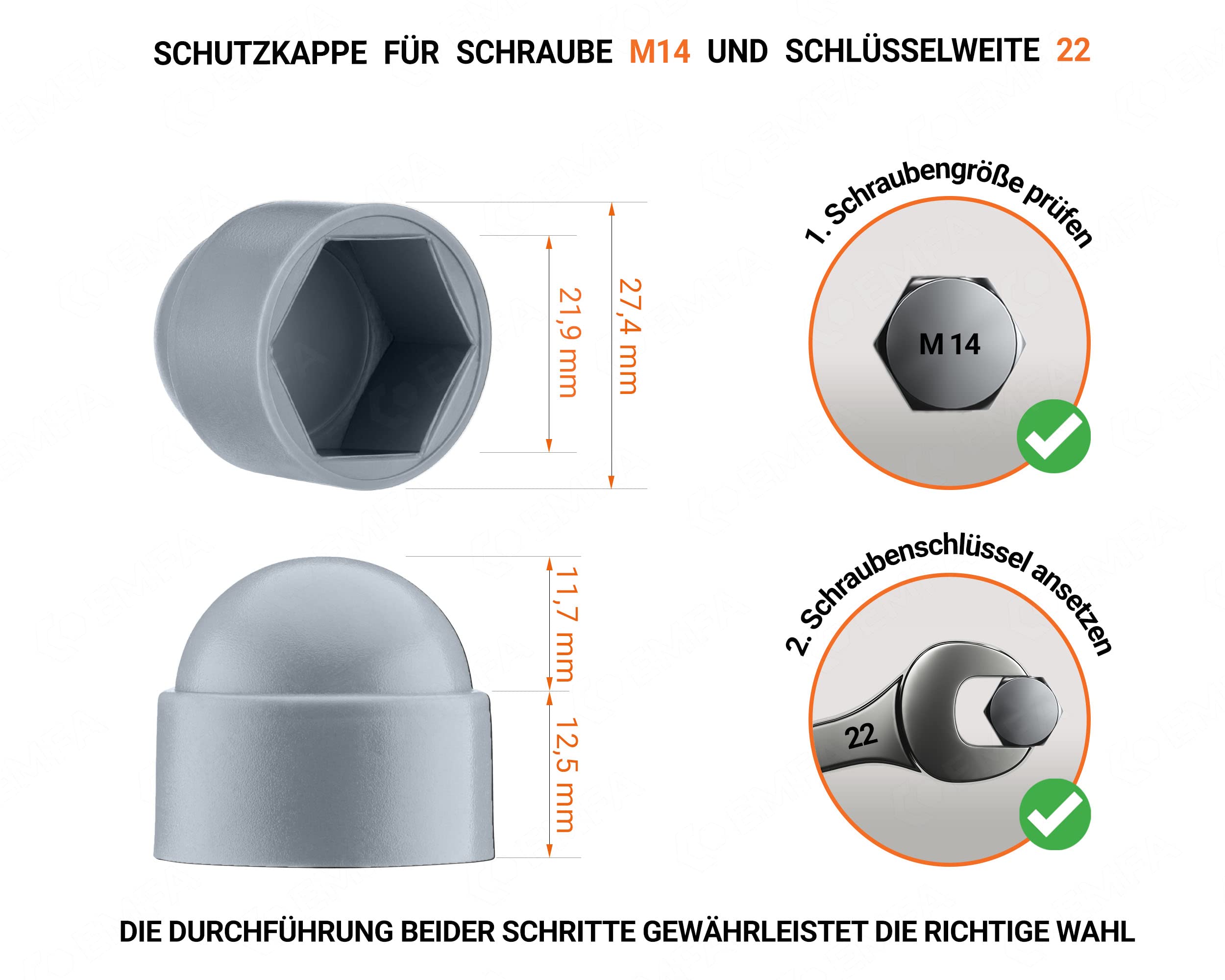 Cappucci copri-dado bulloni M14 (chiave 22) Grigio cappucci di protezione per viti 25 pezzi Cappucci protettivi esagonali Tappi plastica EMFA ®
