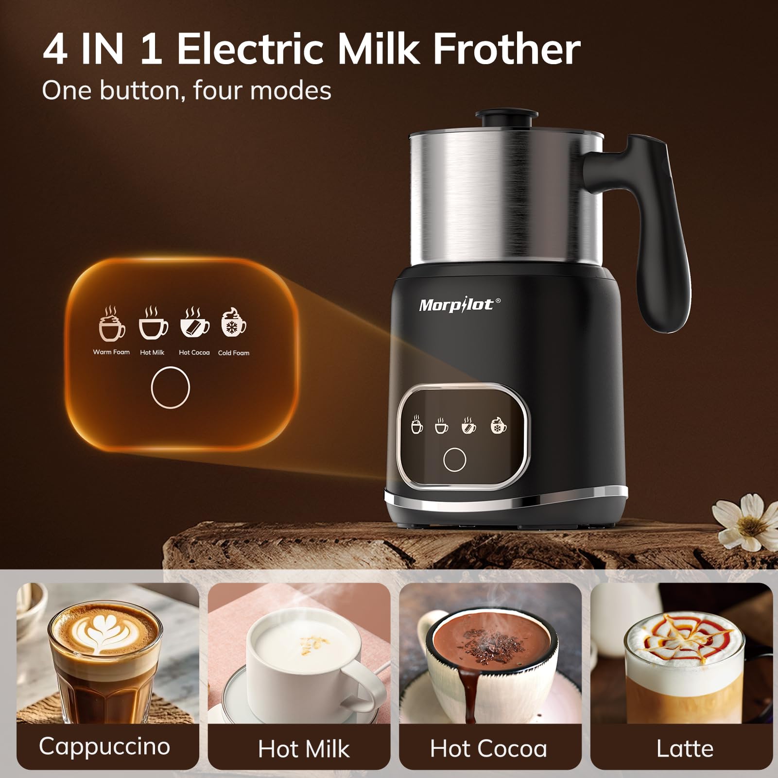 Morpilot Milchaufschäumer Elektrisch 4 in 1, 120-600ml, 550W, Milchschäumer für Heißer und Kalter Milchschaum und Schokolade, Antihaftbeschichtung, Leicht zu Reinigen, Edelstahl