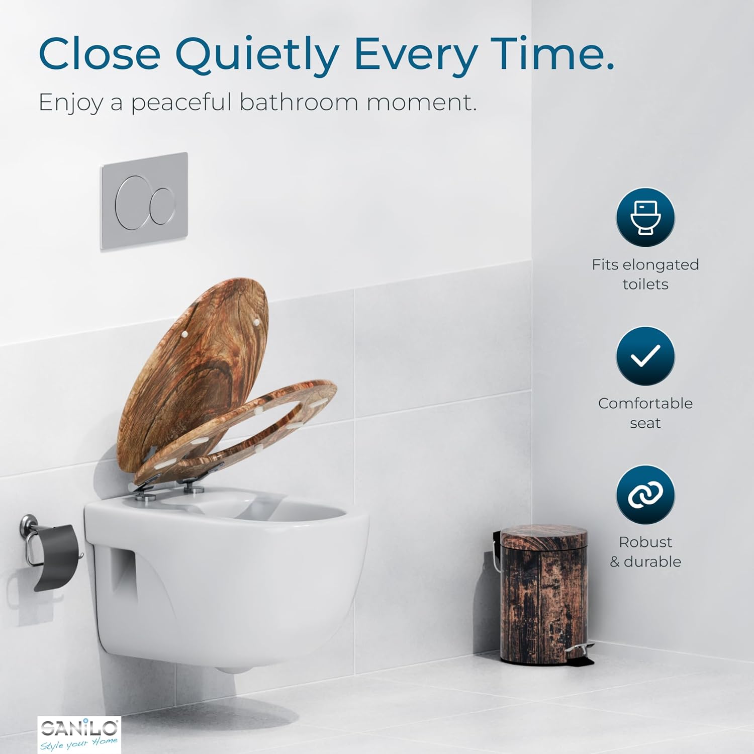 SANILO Wooden Toilet Seat with Soft Close [ELONGATED] - Decorative, Quiet & Slow Close Molded Wood Seat - With Strong Bumpers & Hinges - Adjustable Fit - Rustic