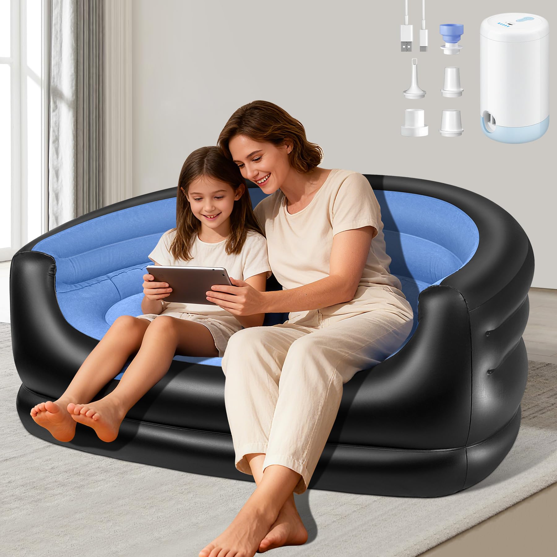 LanSuper Air Mattress Inflatable Sofa Double Inflatable Chair Flodable Blow Up Couch Lounger Portable Air Sofa for Indoor Tent Camping Outdoor Activities with Air Pump